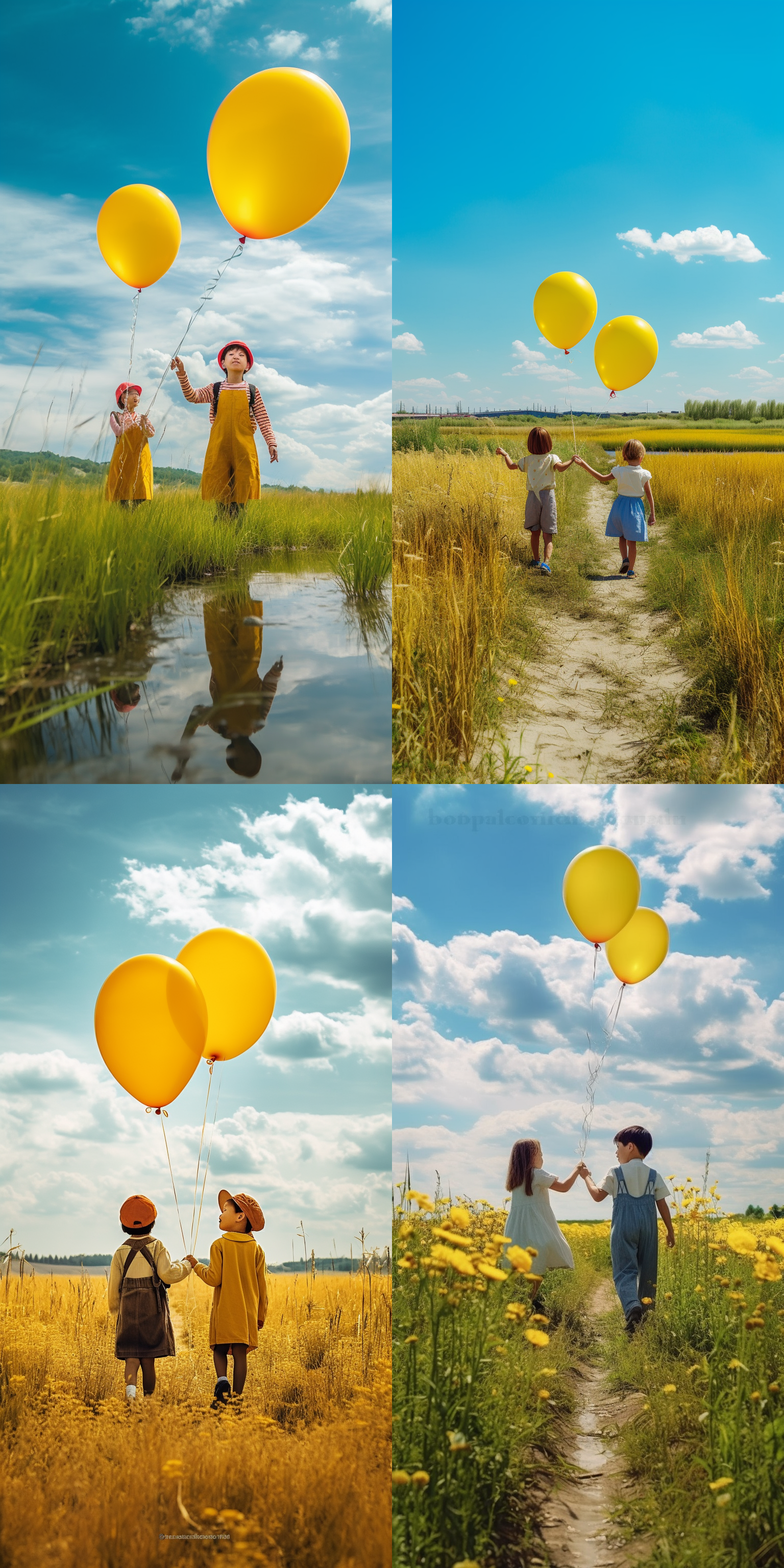 六一儿童节，氢气球飞机，两个小孩，小男孩向外招手，小女孩手持黄色气球，笑容灿烂，蓝天白云，河流田野，广角镜头，自然光，鲜艳色彩，欢乐气氛，动态捕捉。