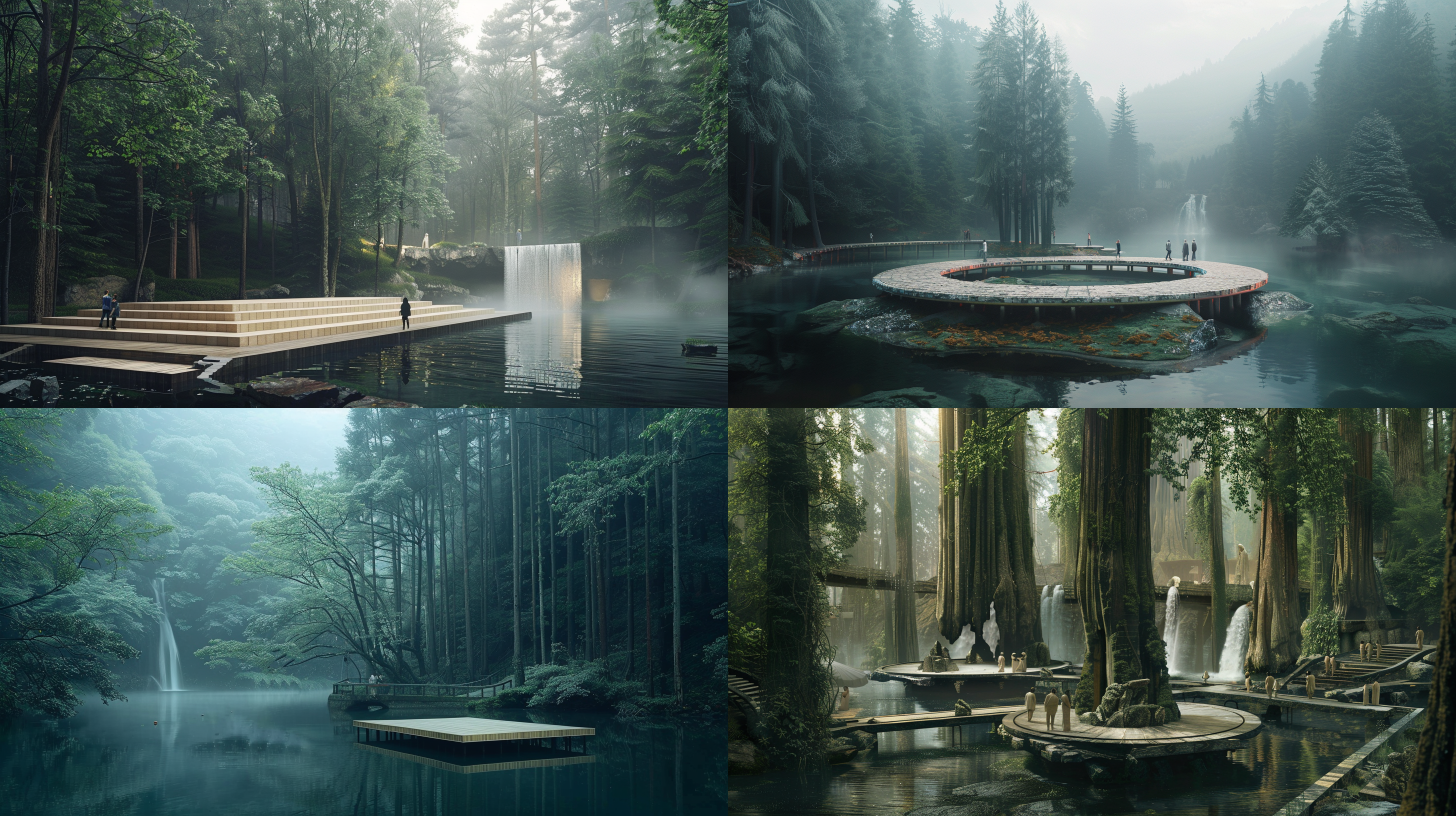 景观设计，很多的树干，纯净暗绿色树林里水面上轻薄的米白色石材会客厅，水中的小平台，瀑布，交谈的人，许多的纯净树干，纯净的画面，远景，大光圈，远焦距，阴天，静态，阴郁，薄雾