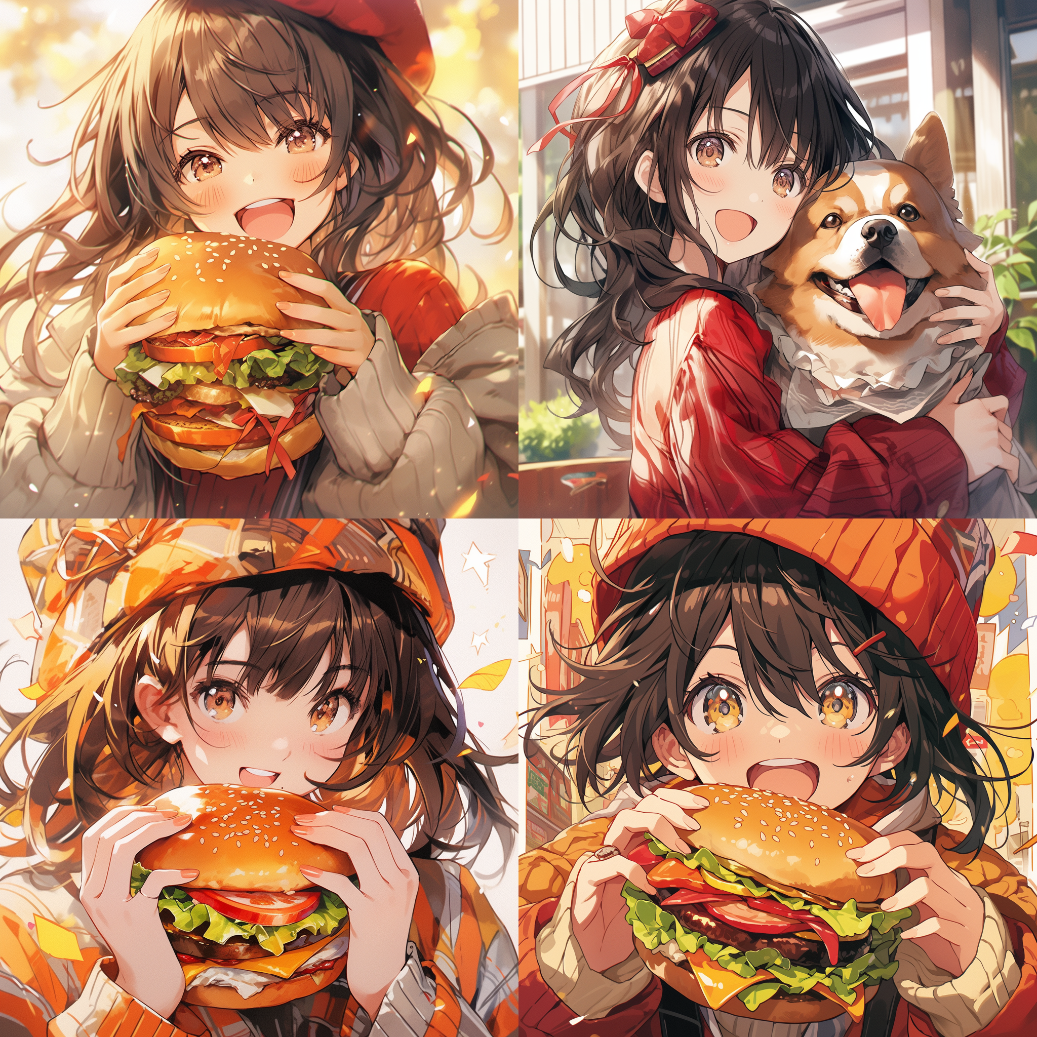 小牛ip形象，手拿大汉堡，高清，中心构图，明亮背景，白描，线条，正面视角，微笑表情，友好氛围，细节丰富，动态感，自然光，鲜艳色彩，生动。