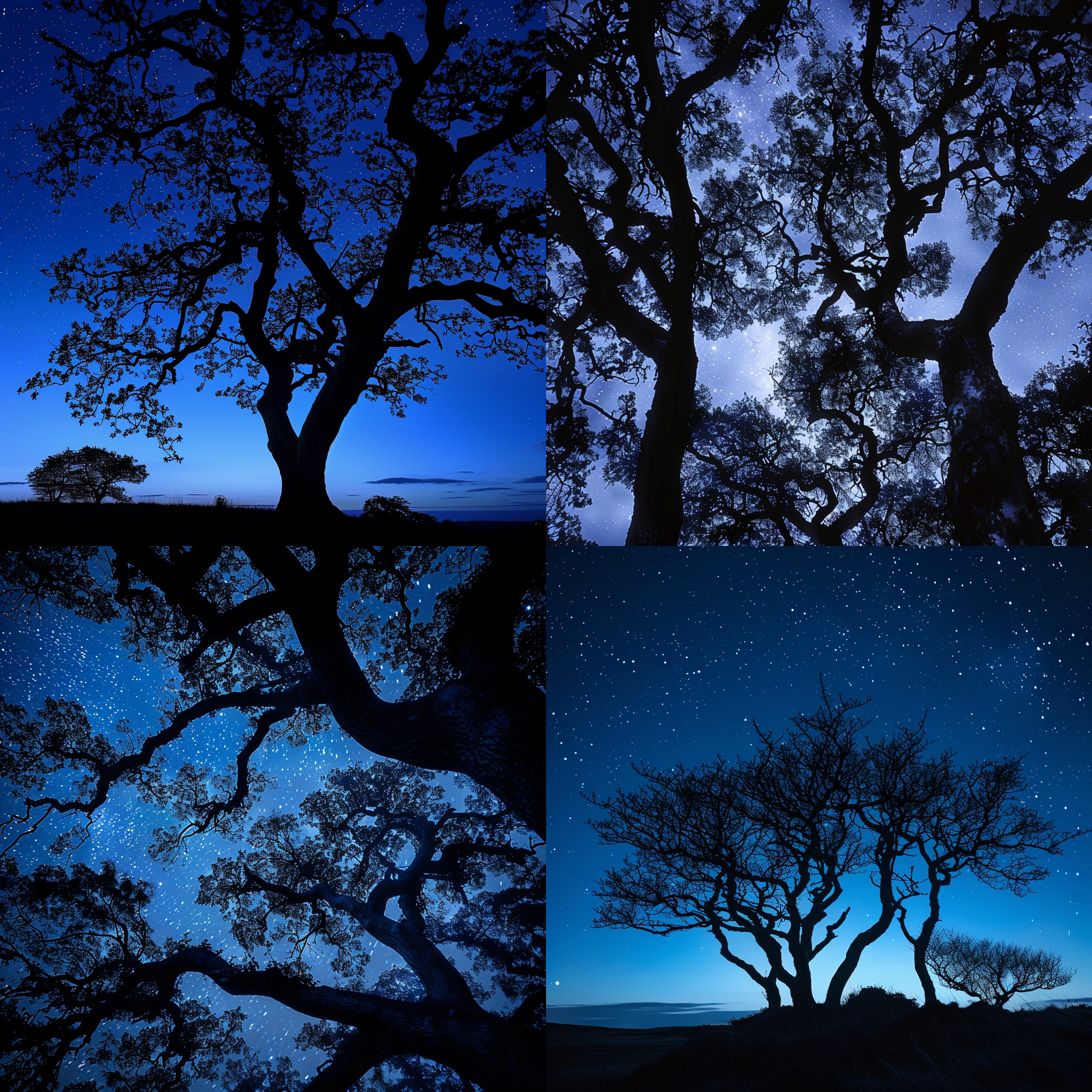 古树剪影，黄昏微光，星光闪烁，对比强烈，暮色笼罩，树梢摇曳，自然和谐，静谧夜晚，灵动生机，蓝灰色调，宁静美感，壮阔震撼，日夜交替，长曝光，星空摄影，低光环境，暗调背景，微风拂动。