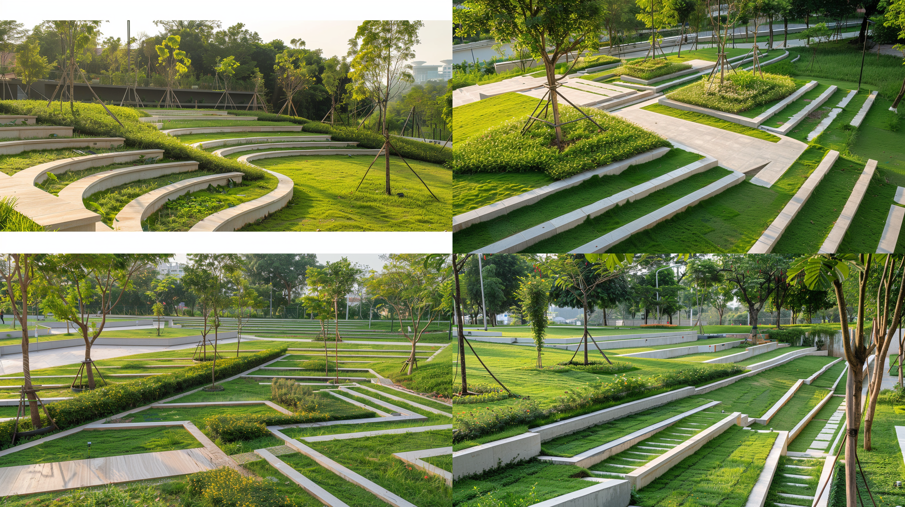 阶梯草坪景观，金黄色花绿篱灌木点缀，栾树零星分布，俯视角度，自然光，广角镜头，层次感强，绿色与金黄对比，宁静氛围，长景深，和谐自然。