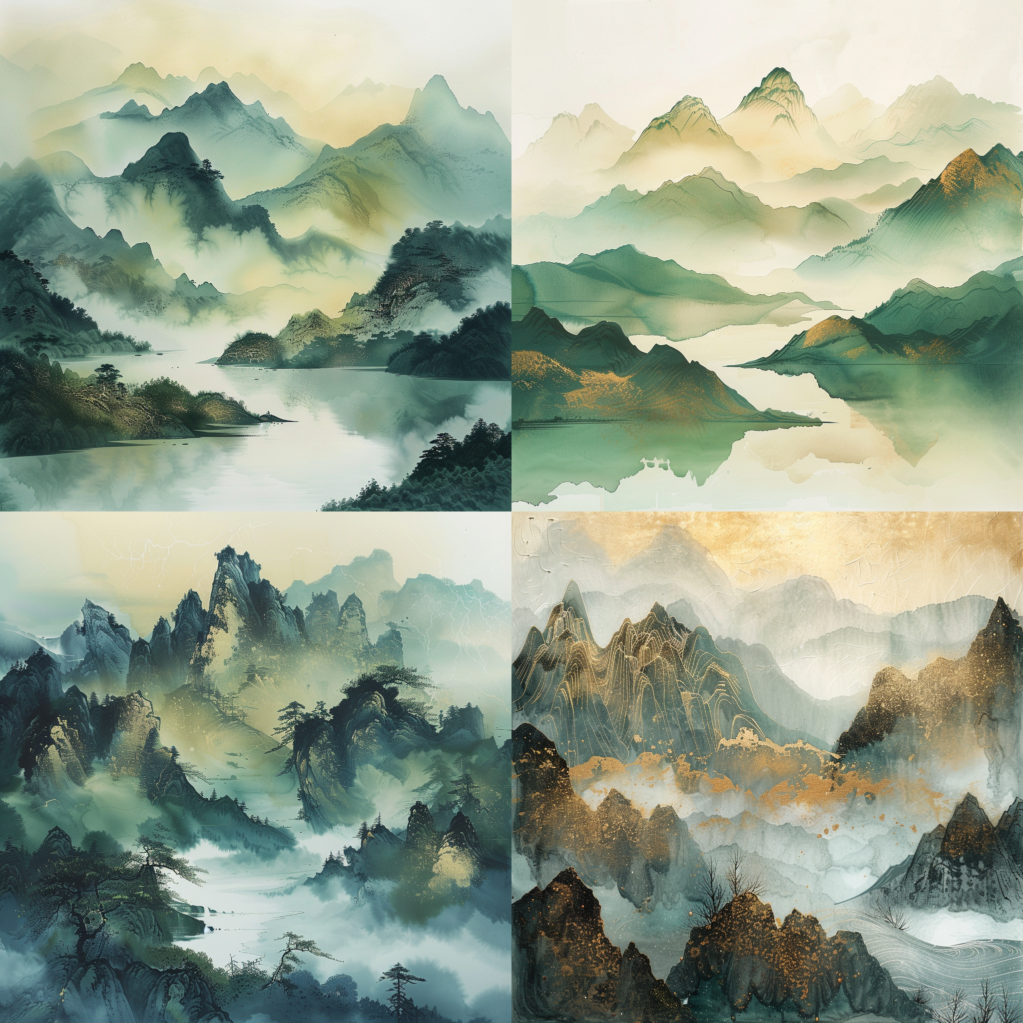 中国山水画，细腻笔触，山水交融，青绿金色，优美曲线，绵延山脉，传统风格，和谐平衡，宁静安详，水墨效果，微风拂过，长焦镜头，自然光，低饱和度，静态构图。