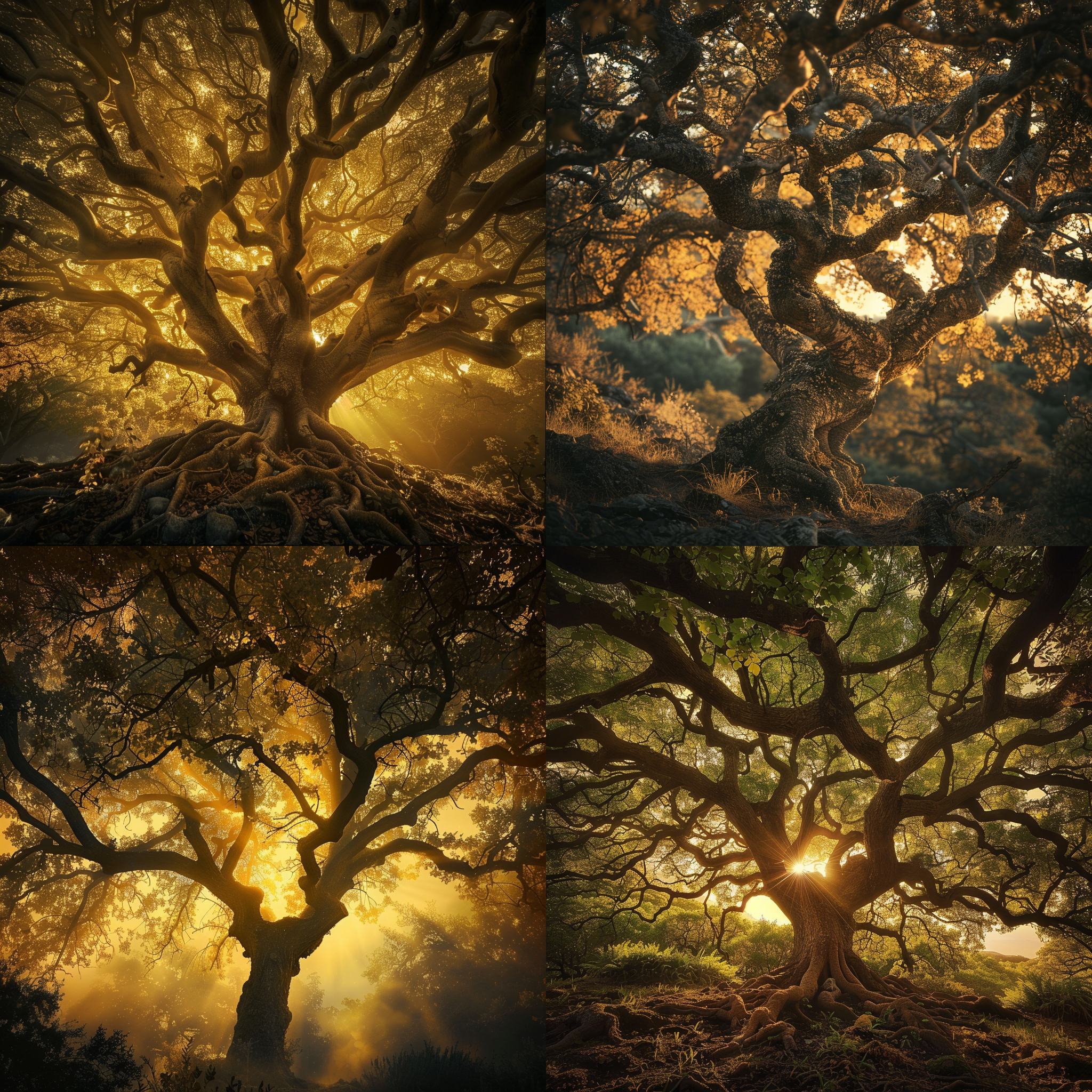 古树黄昏，画面中央一棵古老大树，枝叶繁茂，夕阳余晖洒落，金黄色调，长曝光，低角度拍摄，柔和侧光，宁静，岁月感，背景模糊，自然风光。