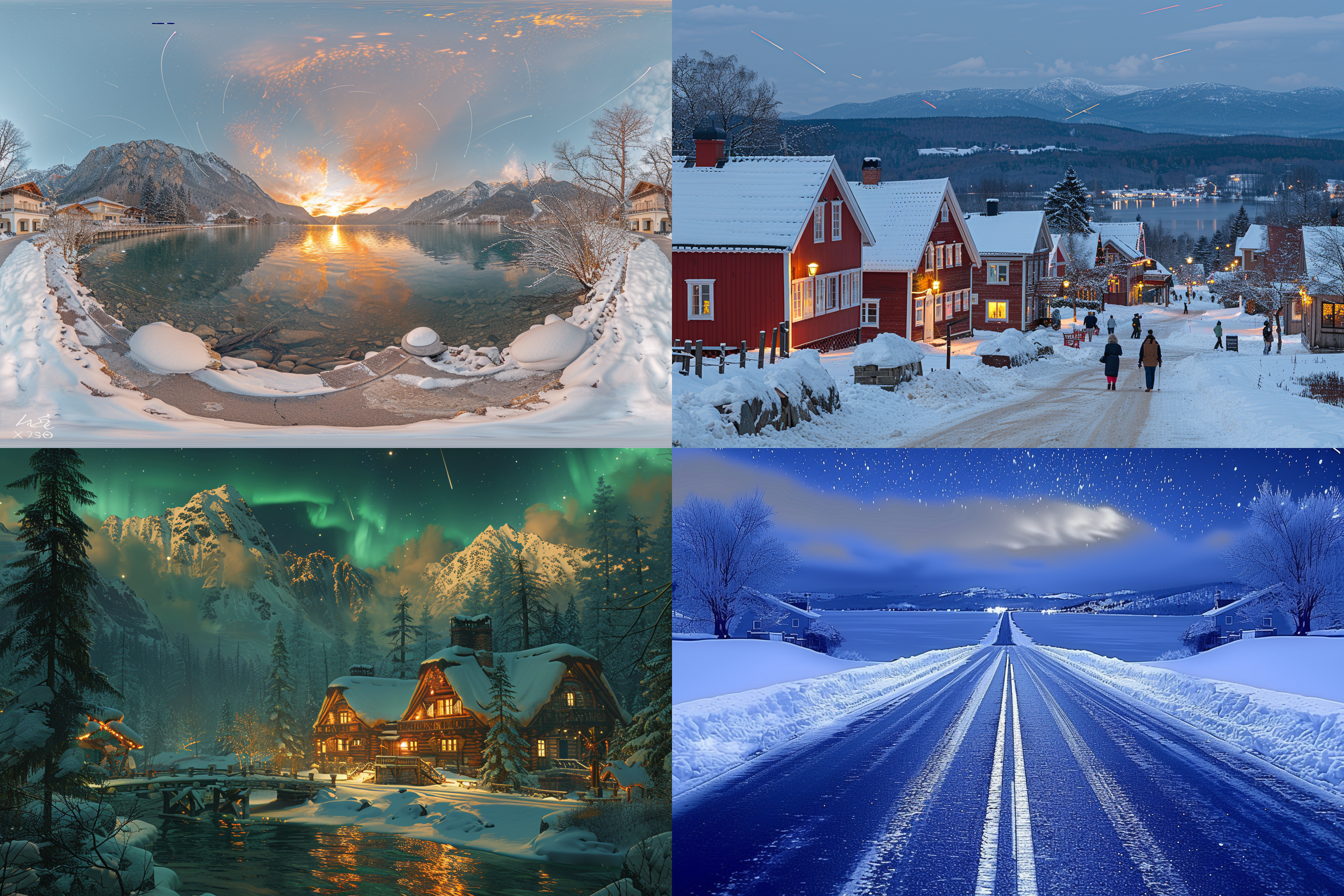 北半球冬夜极光，星空璀璨，星河漫天，绚丽星空，流星划过，雪堆马路两侧，白雪覆盖房屋，雪挂树梢，远山白雪皑皑，神秘氛围，电影质感，4k分辨率，广角镜头，静谧，梦幻，细节丰富，冷暖色调对比，长曝光，星空轨迹，极光舞动，宁静夜晚，自然奇观。