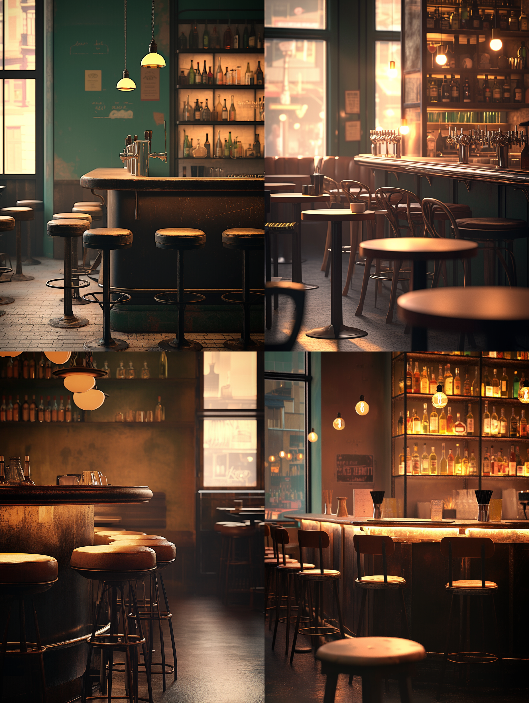 复古酒吧凳子，立体背景，家庭酒吧，复古主题，昏暗灯光，木质吧台，高脚凳，皮质坐垫，铜质装饰，怀旧氛围，暖色调，广角镜头，侧光，细腻纹理，复古质感。