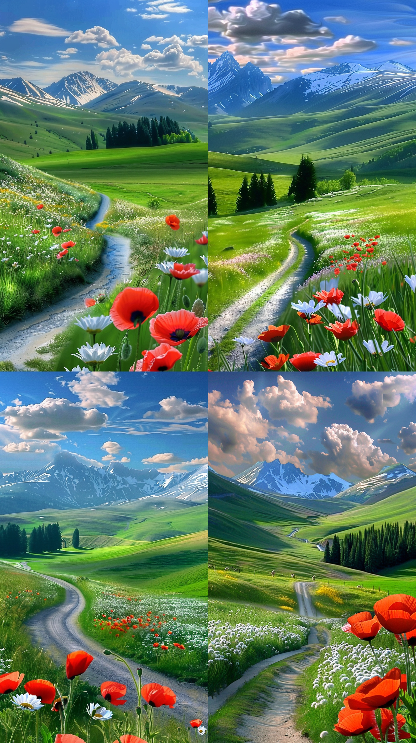 3 d virtual landscape painting, daisies and poppies, still frame from a movie, pathway, flowing hills, by mark keathley, connectedness, still from a music video, long grass, heaven planet in background, soft focus, greenery