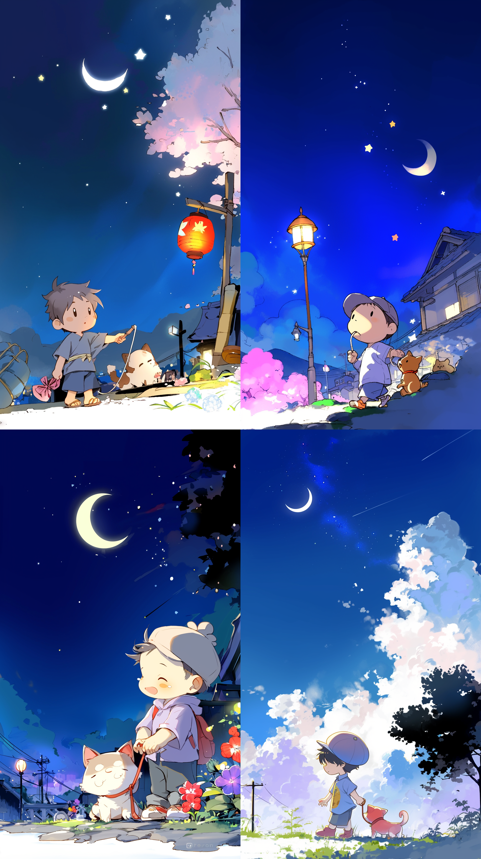 夜晚月牙下，小男孩牵着小狗，温馨场景，路灯柔和光，长曝光，低角度，浅景深，冷暖色调对比，宁静，和谐。