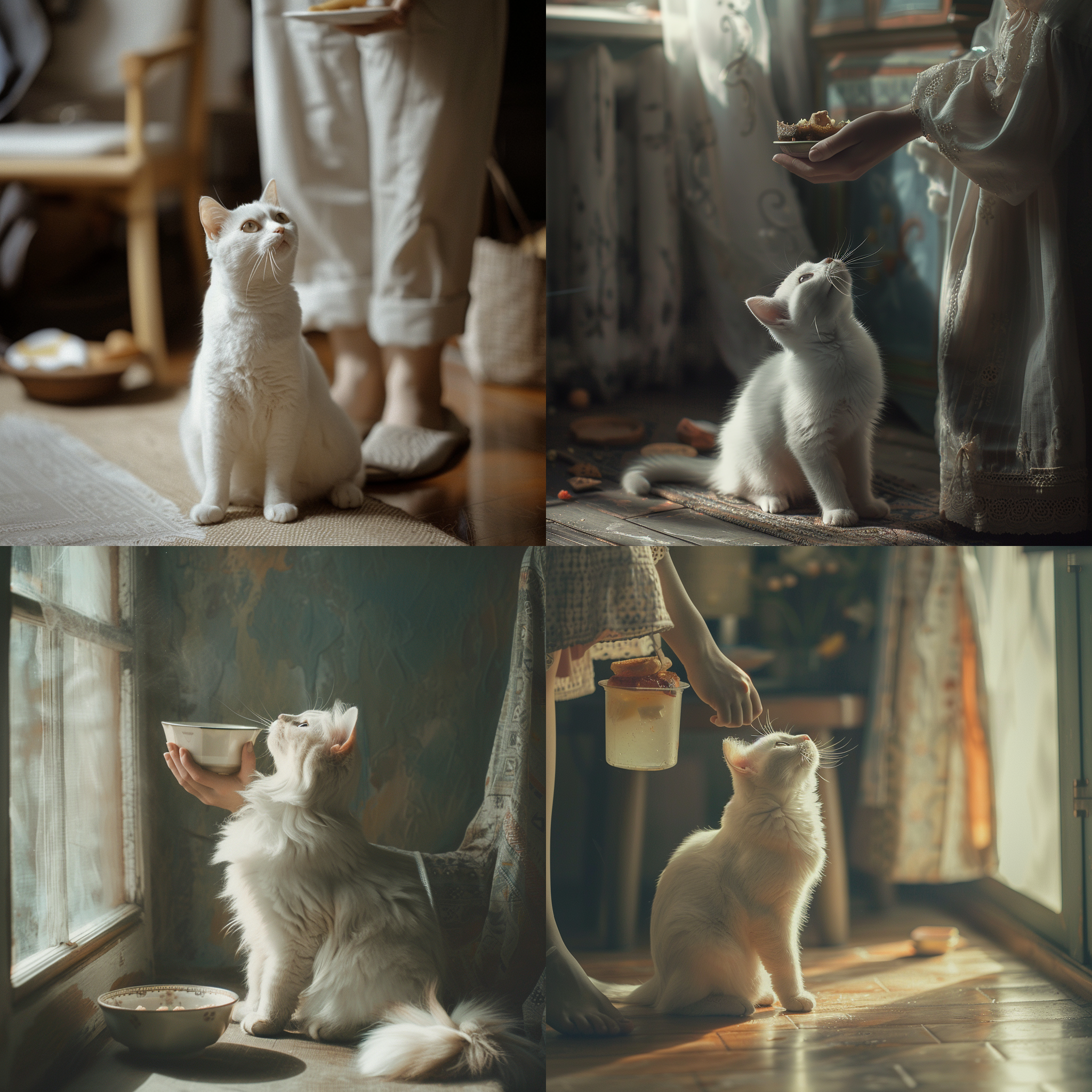 白猫坐在地上，抬头凝视着妈妈手中的美食，等待开饭，温馨室内，自然光，柔和色调，中焦镜头，静态构图，亲密，宁静