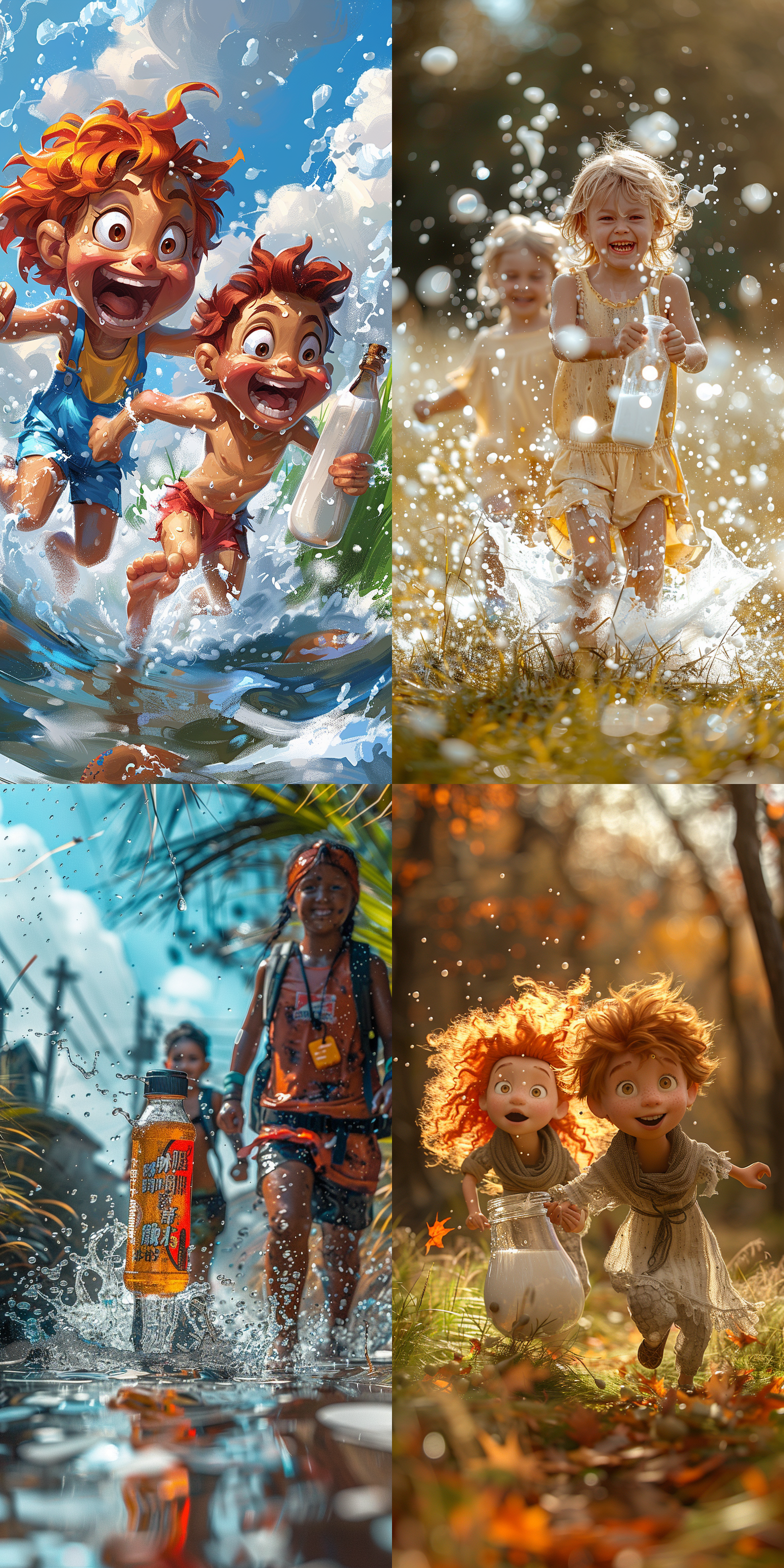 3d卡通游戏场景，装满牛奶的乳酸菌瓶，牛奶飞溅，小男孩小女孩奔跑，绿草蓝天背景，皮克斯动画风格，夸张形状色彩，夸张动作，干净背景，艺术站热门，高分辨率，动态捕捉，鲜艳色彩，活泼表情。