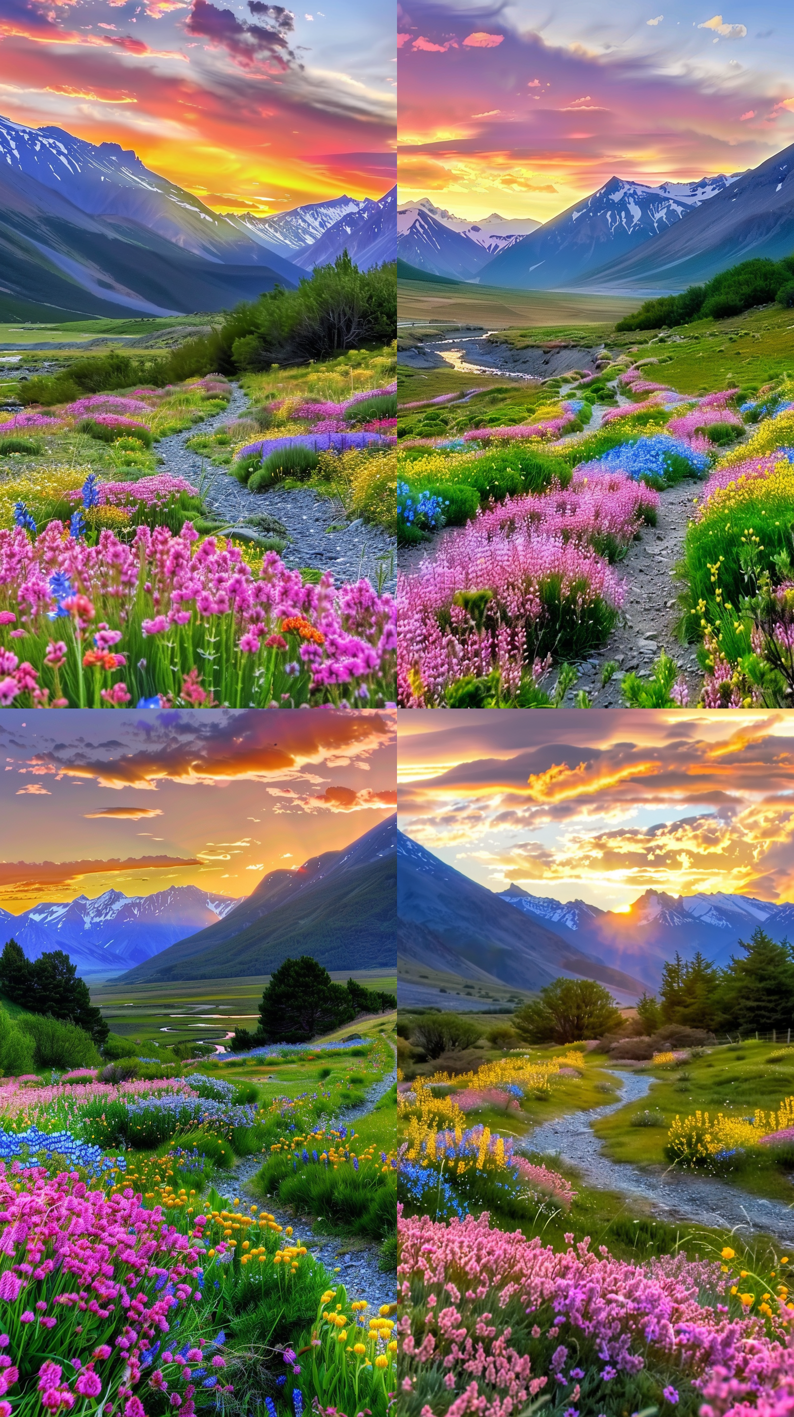 field of fantasy flowers, still from nature documentary, mountains and colorful sunset!!, pathway, without green grass, pink and blue and green mist, very attractive and beautiful, glorious sunlight, winding rivers, xianxia fantasy, windows xp, pathways, nature and floral aesthetics, enchanting