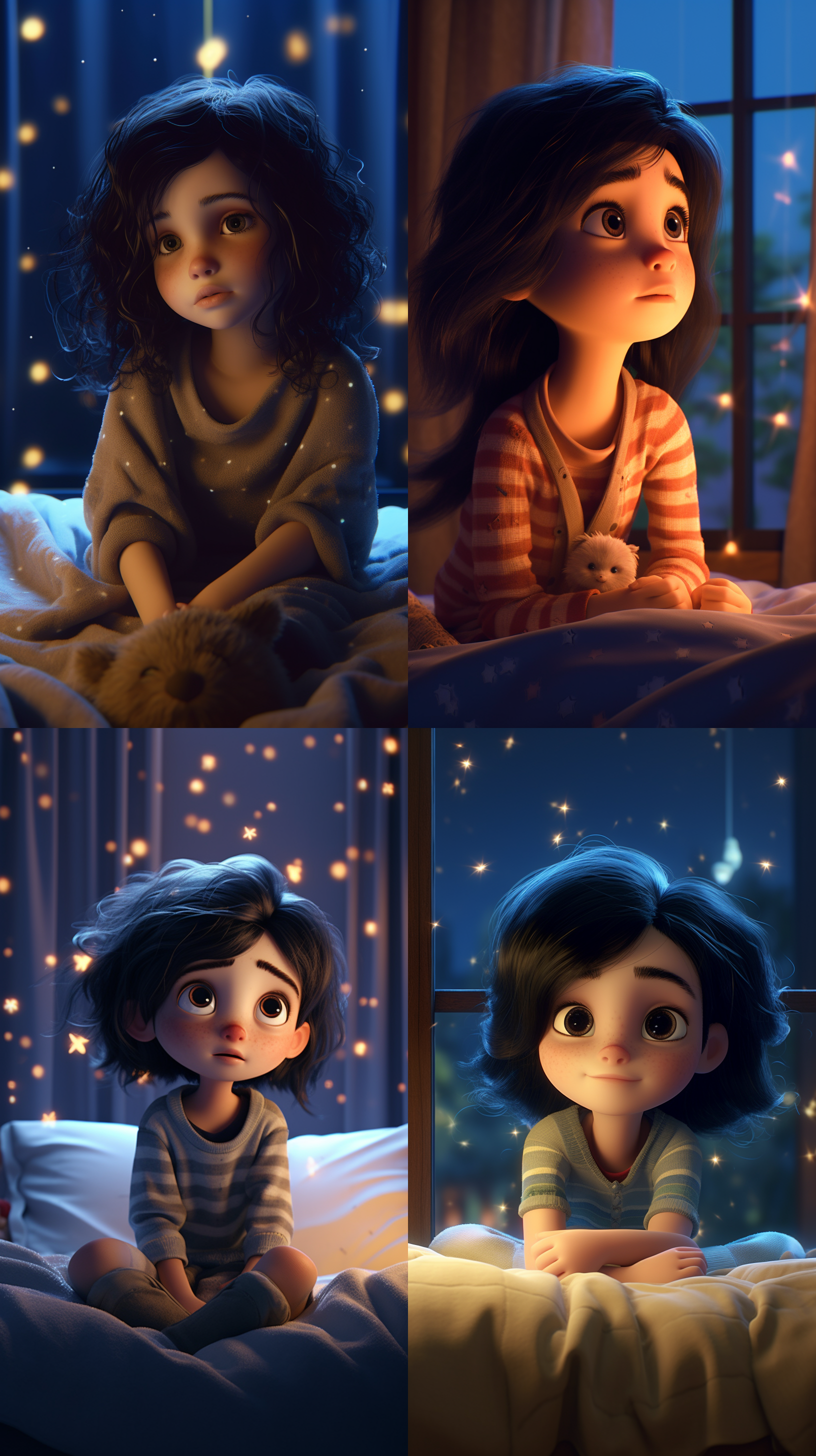 小女孩ip，3d渲染，大眼睛黑发，窗外星空，床上坐姿，正面视角，柔和光线，梦幻色彩，特写镜头，温馨好奇，高光细节，低饱和度，环境光，自然阴影。