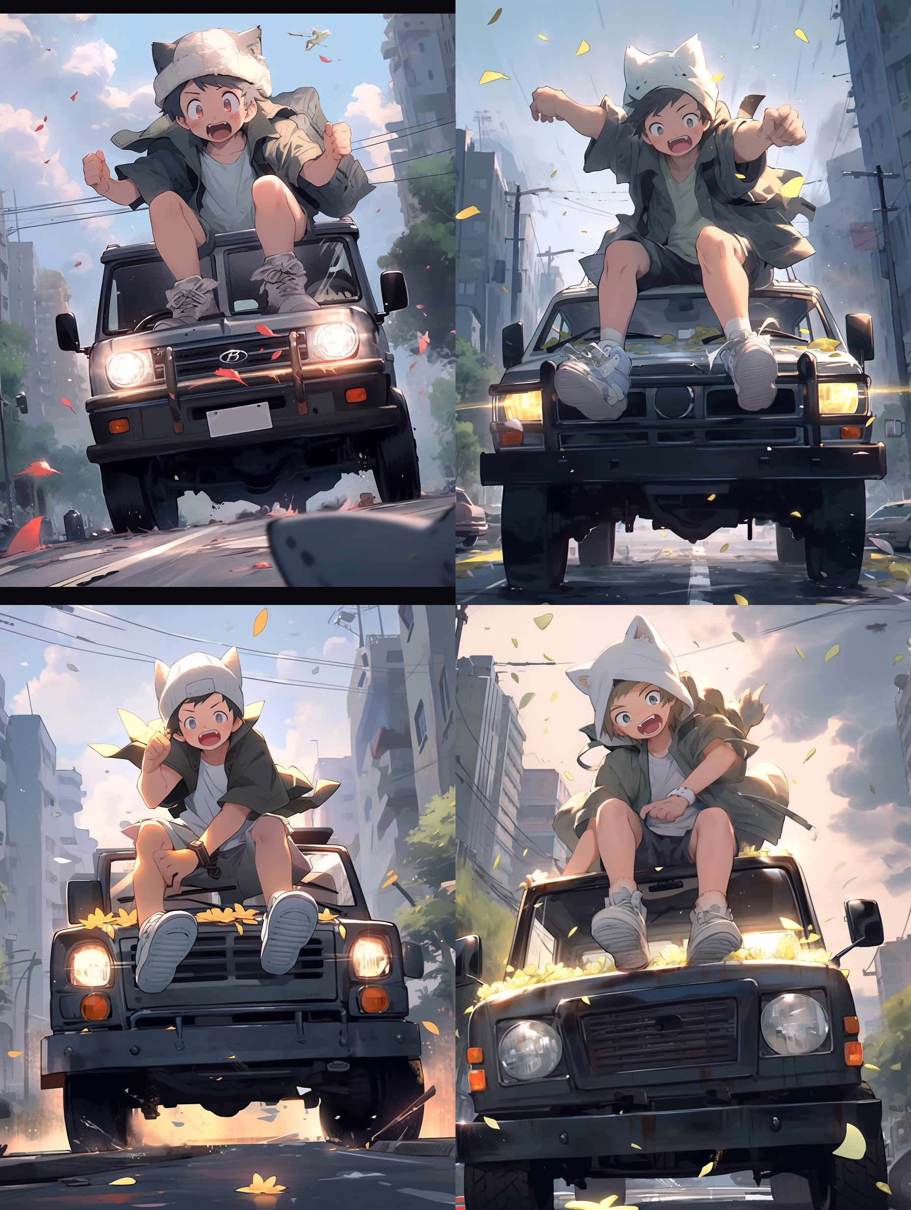 masterpiece,cg,comic,the boy crouched down on the car,solo,:d,kind_smile,highres,wallpaper,in summer,street lamp,cyberpunk city,medium_shot,there are many scattered luminous petals,hidden in the light yellow flowers,depth of field,many flying drops of water,many scattered leaves,angle,contour deepening,cinematic angle,outstretched_arm,spread_fingers,squatting,