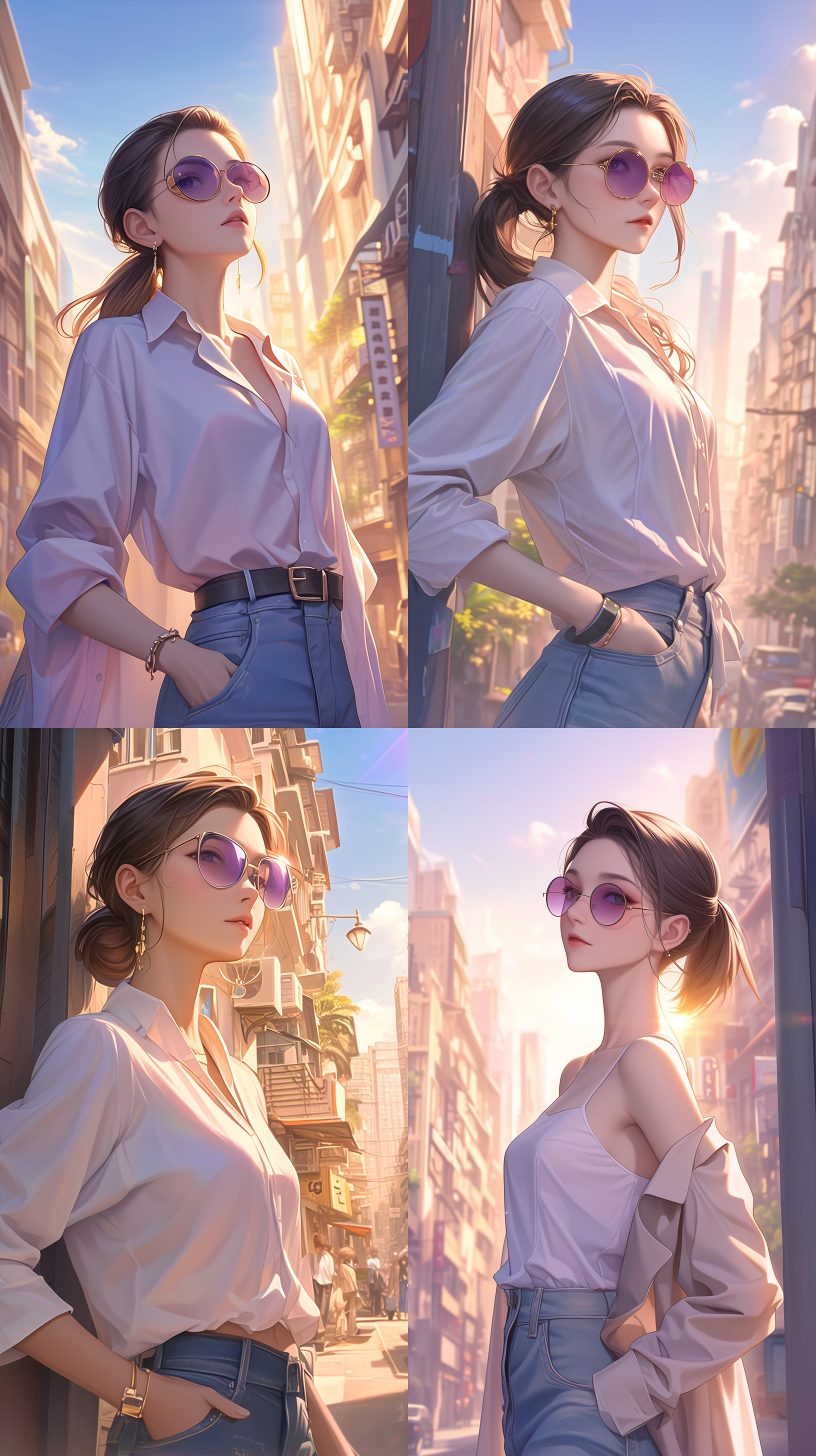 一个港风穿搭的时尚女孩，穿白色衬衫和牛仔裤，绑着短马尾，带着大阳墨镜，双手插着裤袋脸庞精致，细腻的皮肤，刺眼的阳光，街角背景，8k