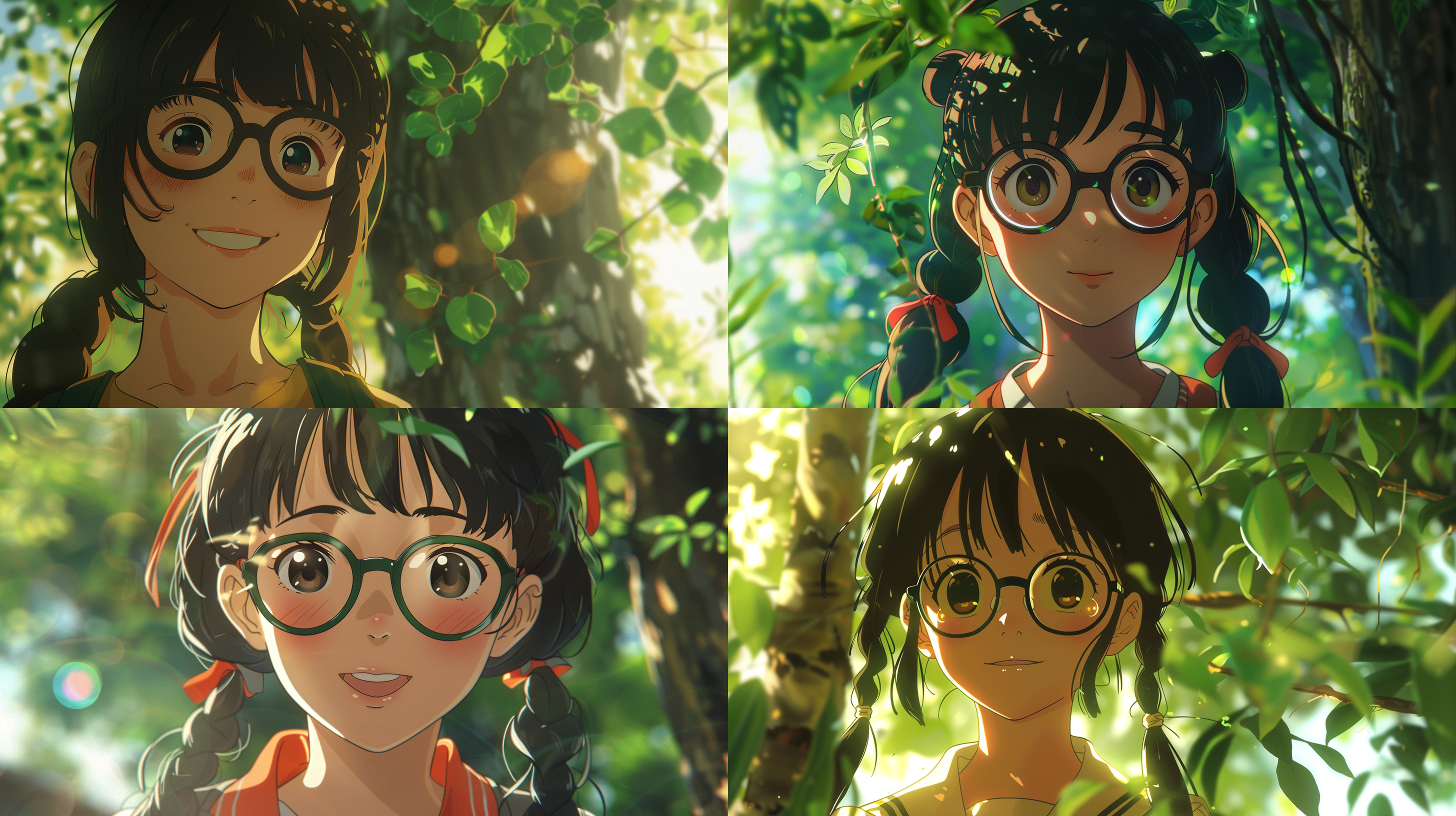 16:9电影感，漫画风格，吉卜力，近景特写，高中女生，黑框眼镜，双马尾，面向镜头，开心微笑，凤凰花下，绿色点缀，鲜艳对比，自然光线，宁静氛围，柔和侧光，细节丰富，情感温暖。