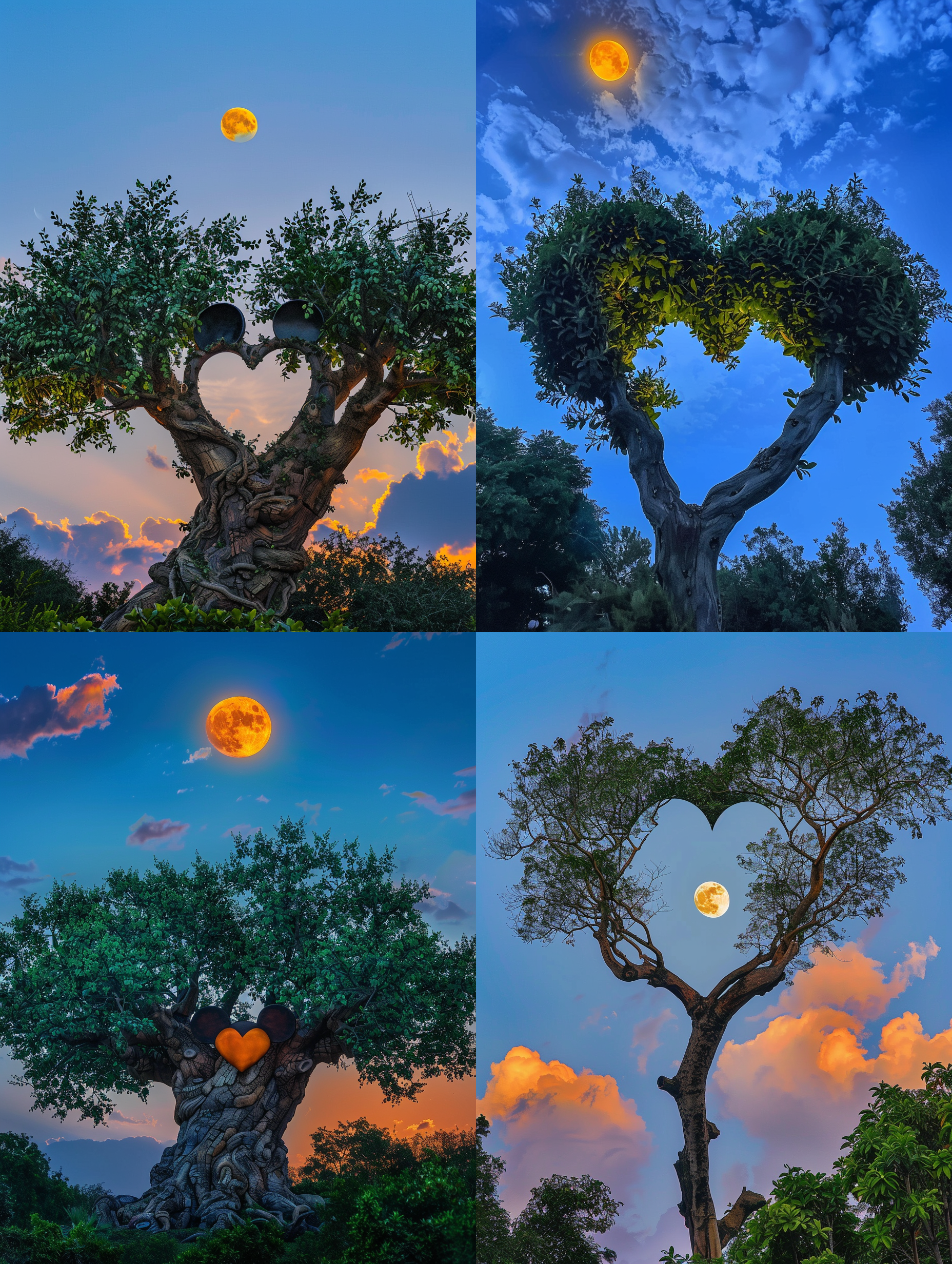 the tree in the shape of mickey's head has a full moon and sky blue background in the photography style of real shooting. the tree has two leaves on its branches forming an open heart-shaped pattern. in front of it stands another tall green leafy tree with high contrast between them. above their heads hangs clouds like shadows. at night, there was only one bright orange sun shining through thin clouds, illuminating the trees. high definition photography with a wide-angle lens shows clear details in natural light