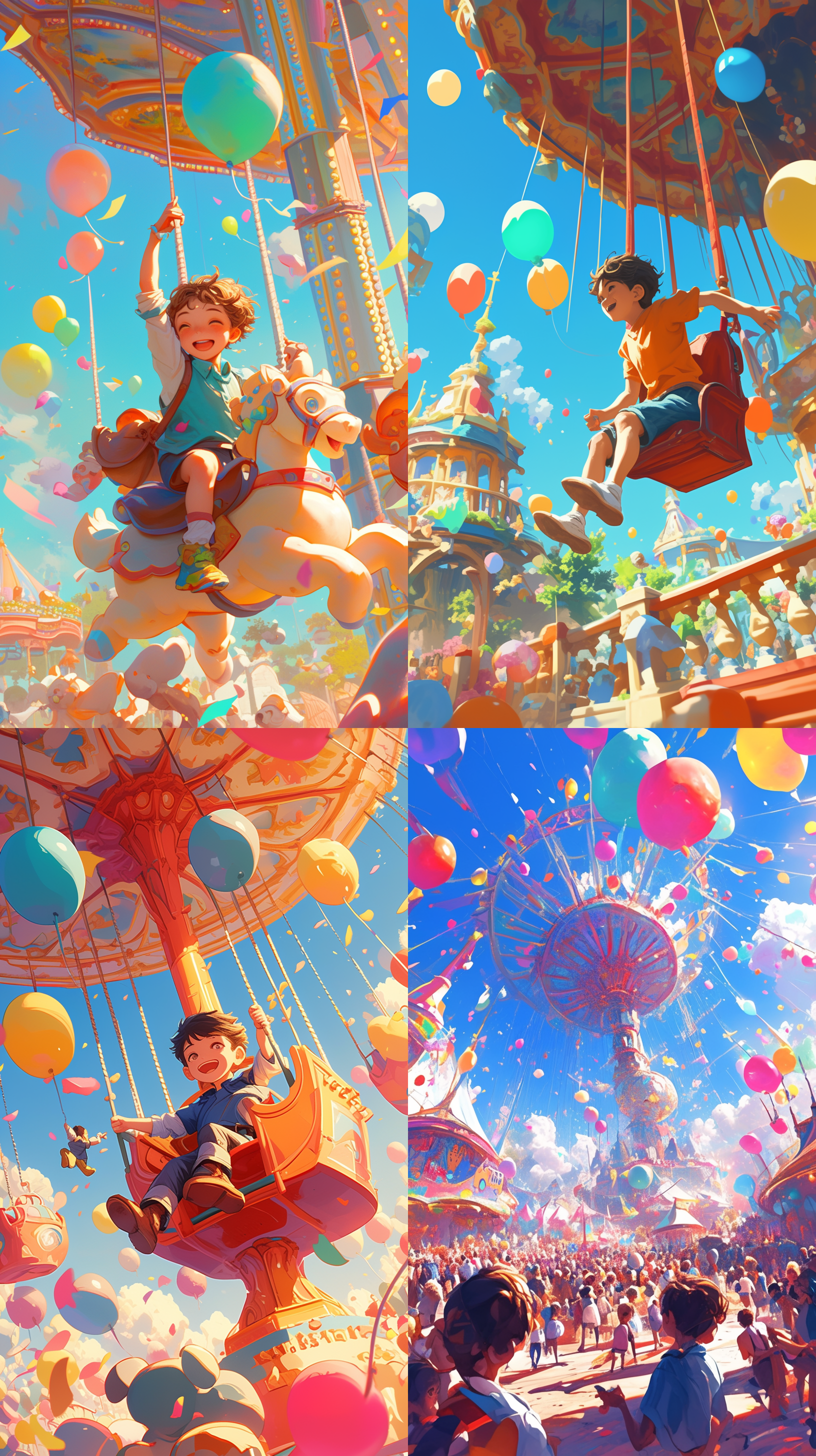 小男孩在童话乐园，远景，明亮色彩，高级感，自然光，广角镜头，微笑，奔跑，五彩气球，梦幻氛围，细节丰富。