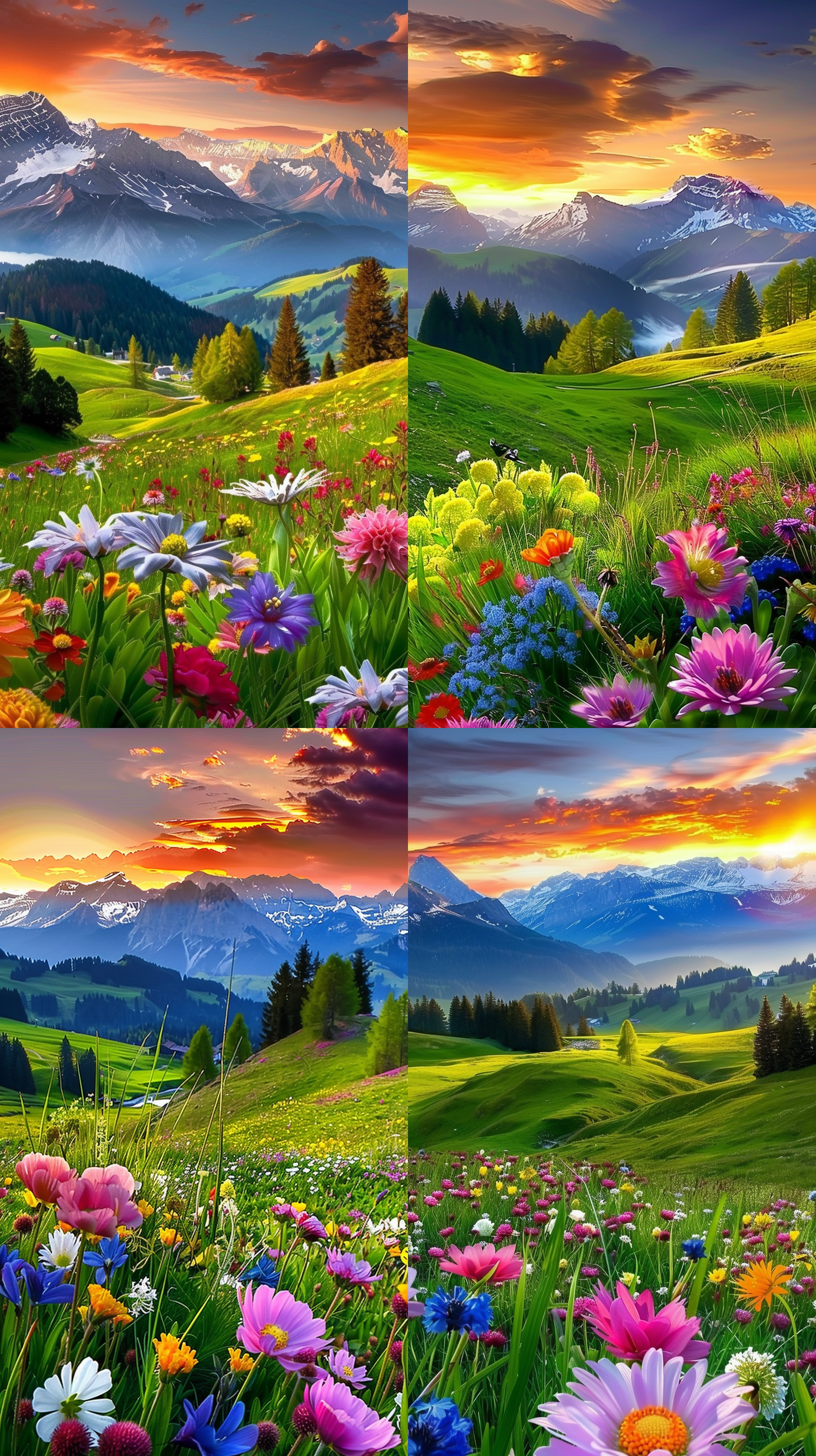 vast lush valley flowers, widescreen shot, vibrating colors, spring early morning, beautful view, without green grass, within radiate connection, technology and nature, flowers sea everywhere, beautiful color art!