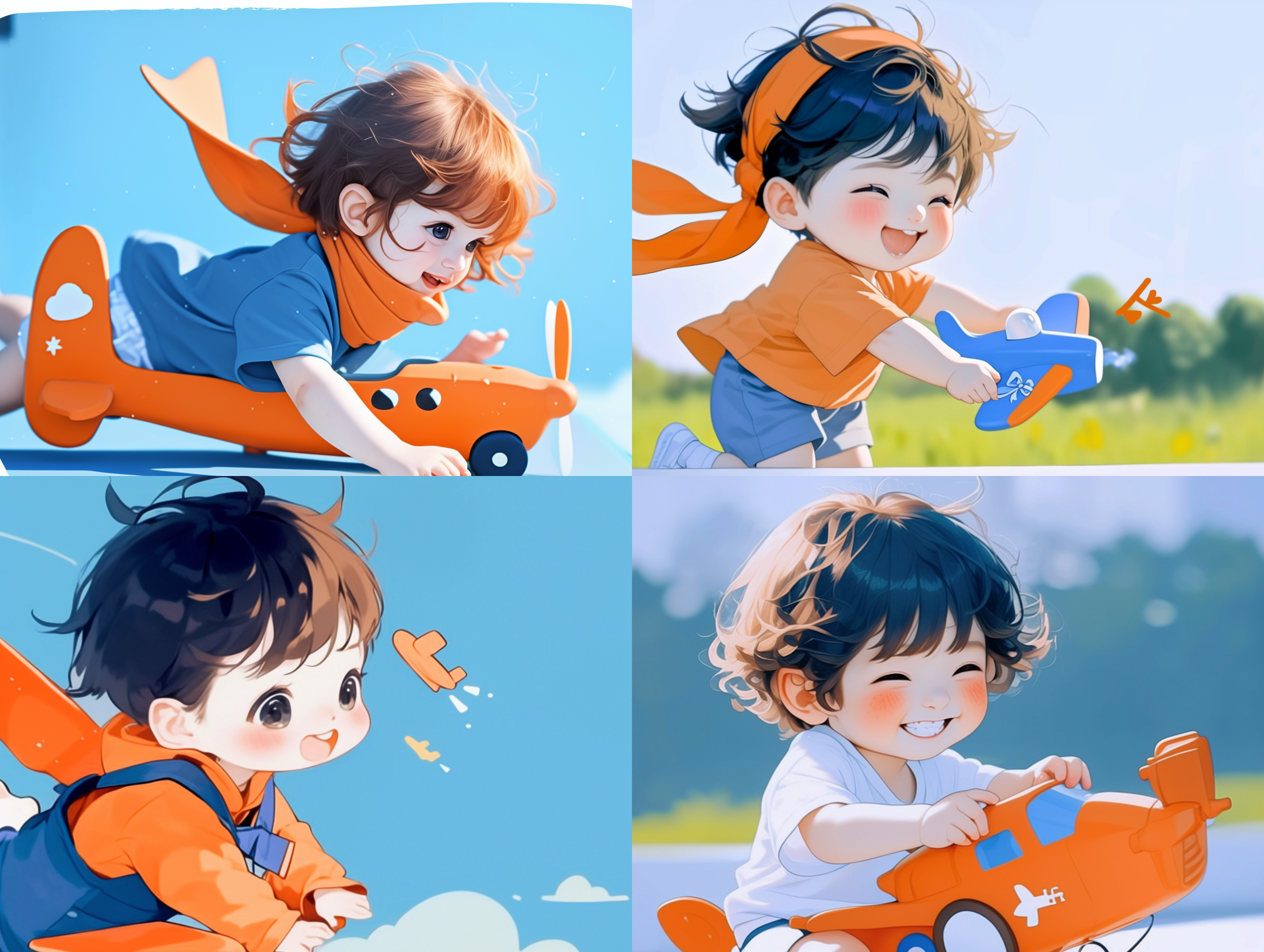 小男孩玩玩具飞机，活泼可爱，夸张动作，表情丰富，室外草地，自然光，长焦镜头，浅景深，动态捕捉，鲜艳色彩，快乐氛围。