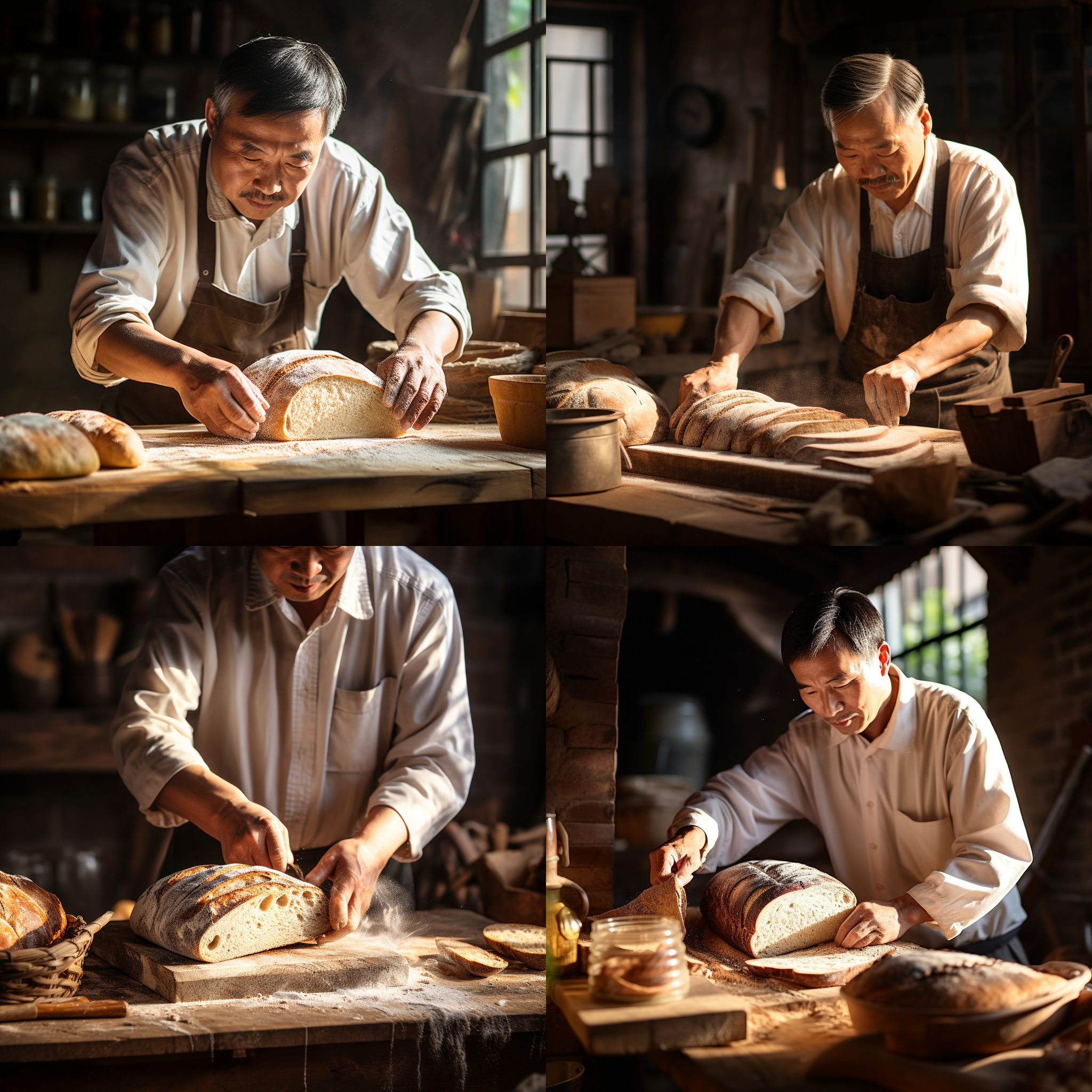 切片面包，手工操作，中国师傅，色香味俱佳，近景特写，自然光，柔和色调，精细纹理，专注表情，传统围裙，木质工作台，温暖氛围，手势细腻，新鲜出炉。