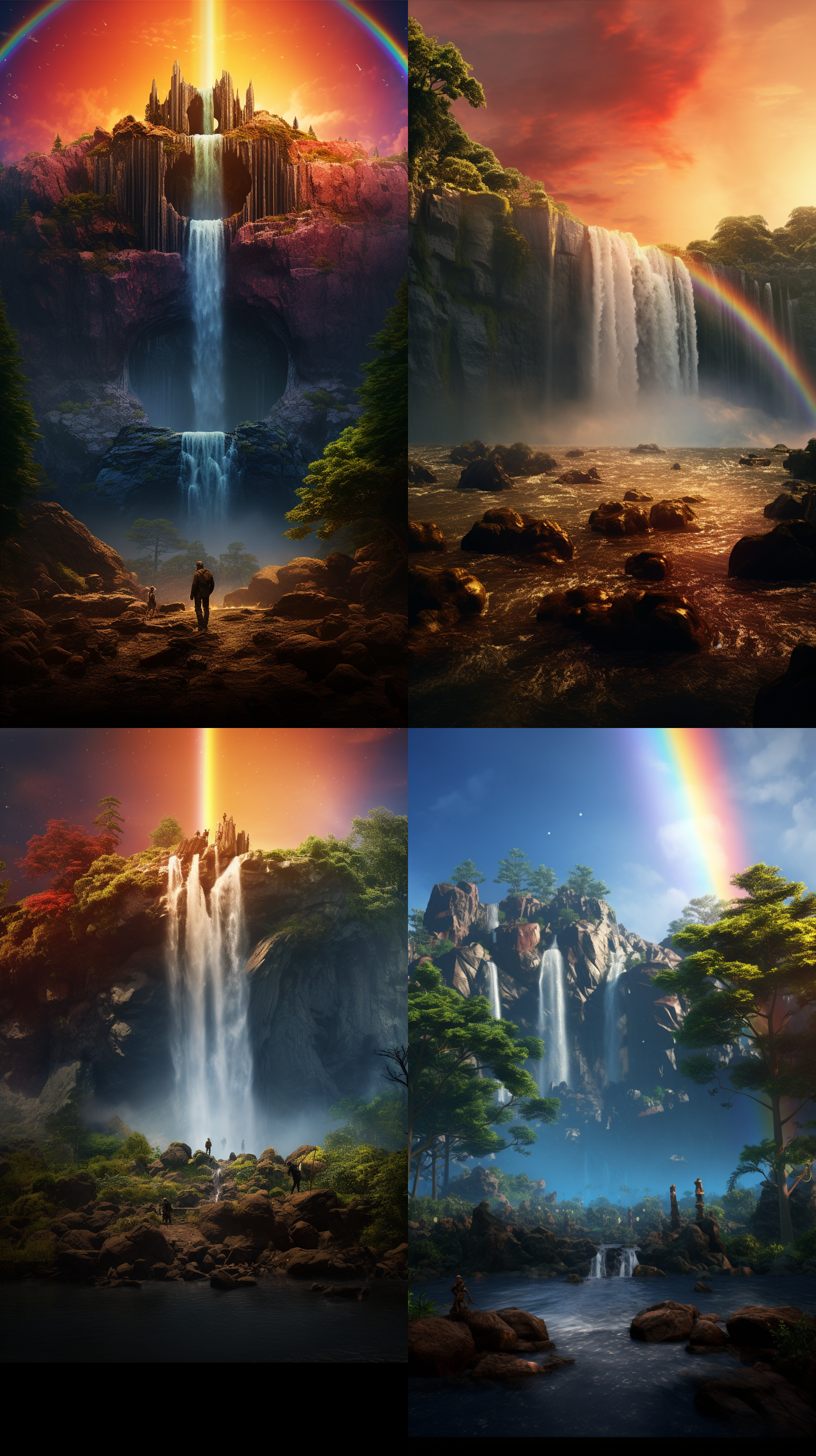 very beautiful matte painting, rainbow diffraction, with trees and waterfalls, mortal kombat 11, still from a nature documentary, by afewerk tekle, flow visualization, wow it is beautiful, anamorphic cinematography, fibonacci volumetric lighting, ad image