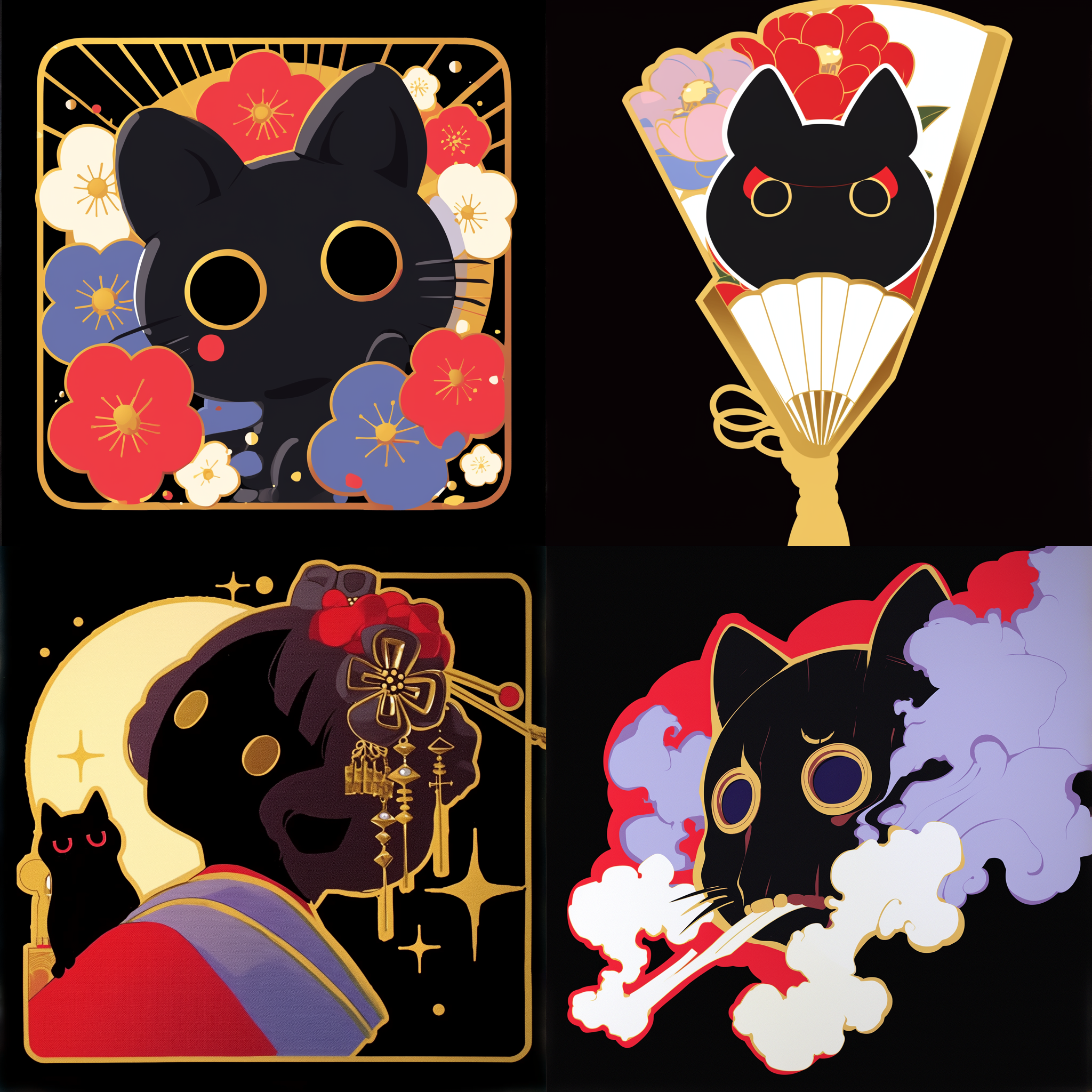 poster artwork, ornate background, 2019, sumptuous, artist katsushika hokusai, stylised, juxtapoz aesthetic, enigmatic beauty, vector aesthetics, defence, hanging scroll, highly detailed beautiful, artstatiom, purism, portrait of beautiful cat，神态探头窥探，黑猫,黑猫焦点，探头窥视镜头