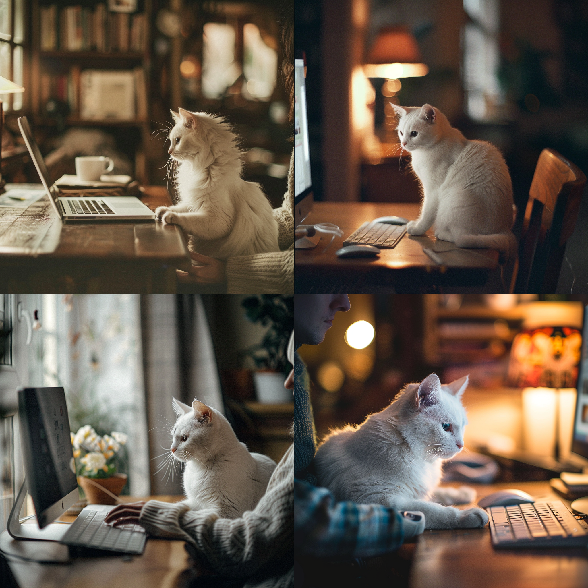 白猫坐桌，专注凝视，主人操作电脑，温馨室内，自然光，柔和色调，中焦镜头，静态构图，亲密，宁静。