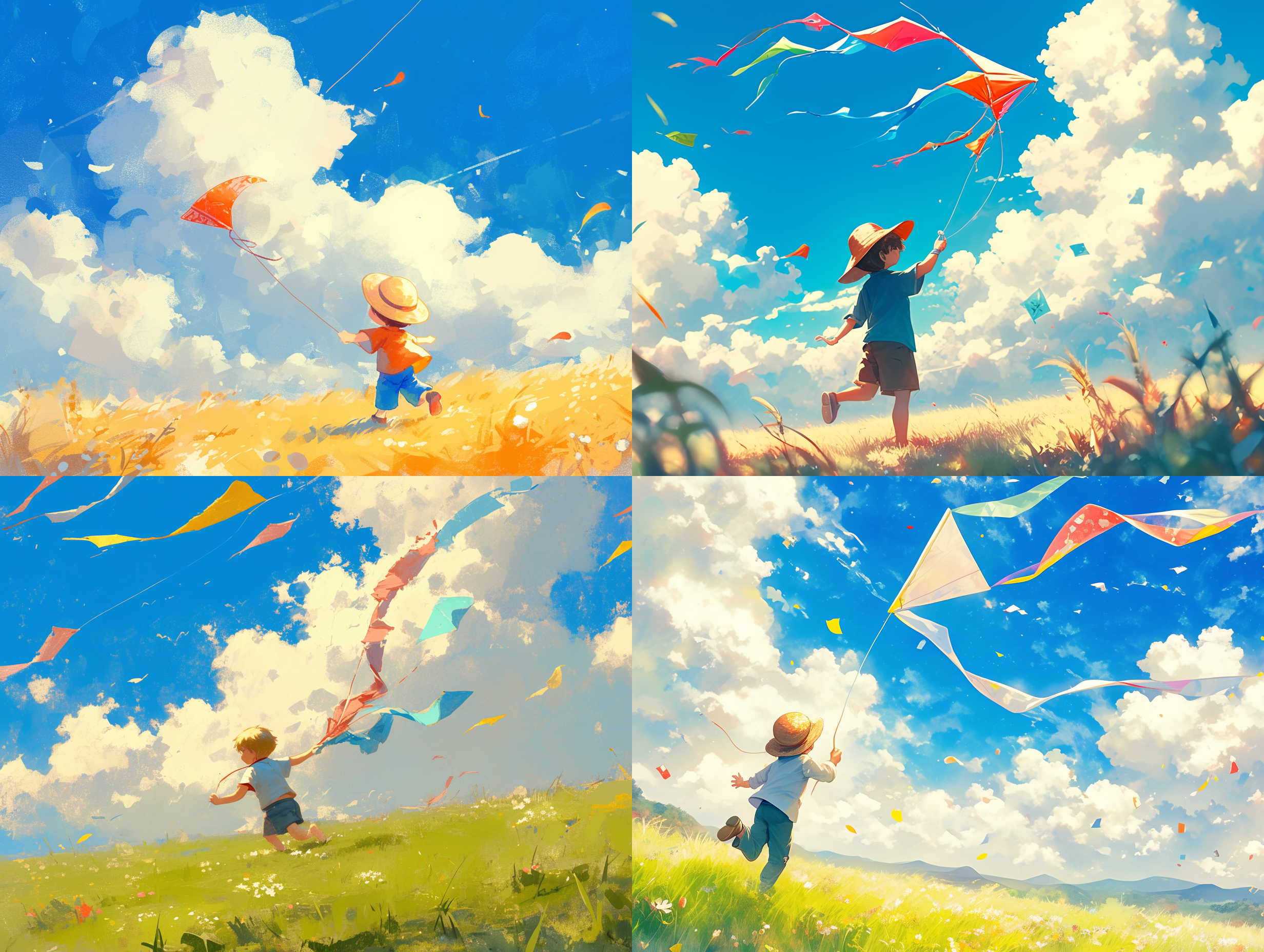 小男孩放风筝，原野上，蓝天白云，逆光，长焦镜头，浅景深，动态捕捉，欢快，鲜艳色彩，反戴帽子，奔跑。