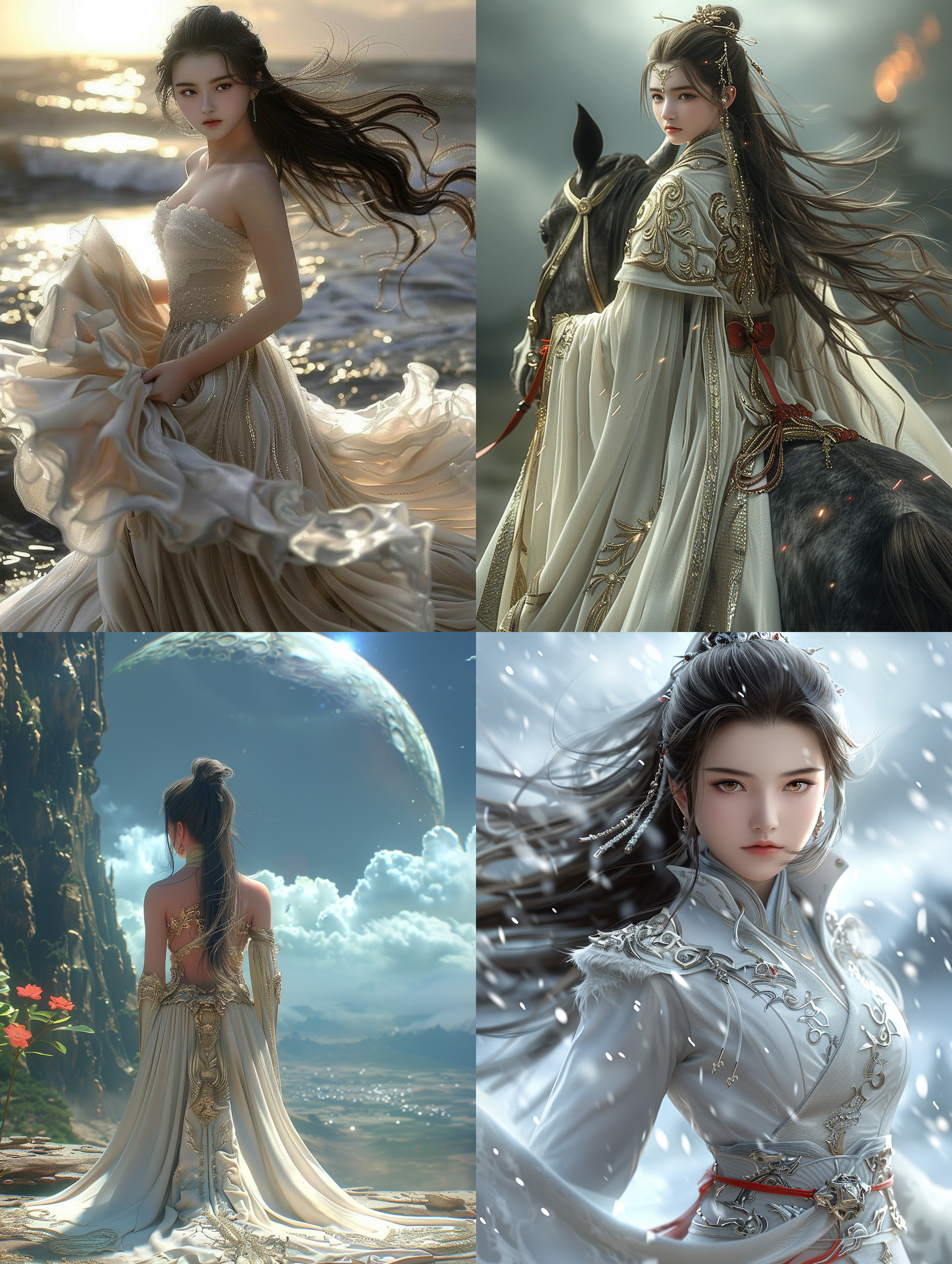 壮丽幻想3d渲染，白色华丽长裙，史诗奇幻数字艺术风格，奇妙设计师3d渲染，卡米洛特，令人惊叹的数字艺术，美丽如月，hdr渲染，精美渲染，美丽漫画艺术，高度渲染，远景，女性角色，优雅姿态，长发飘逸，月光下，神秘氛围，细节丰富，色彩鲜明，情感深邃。