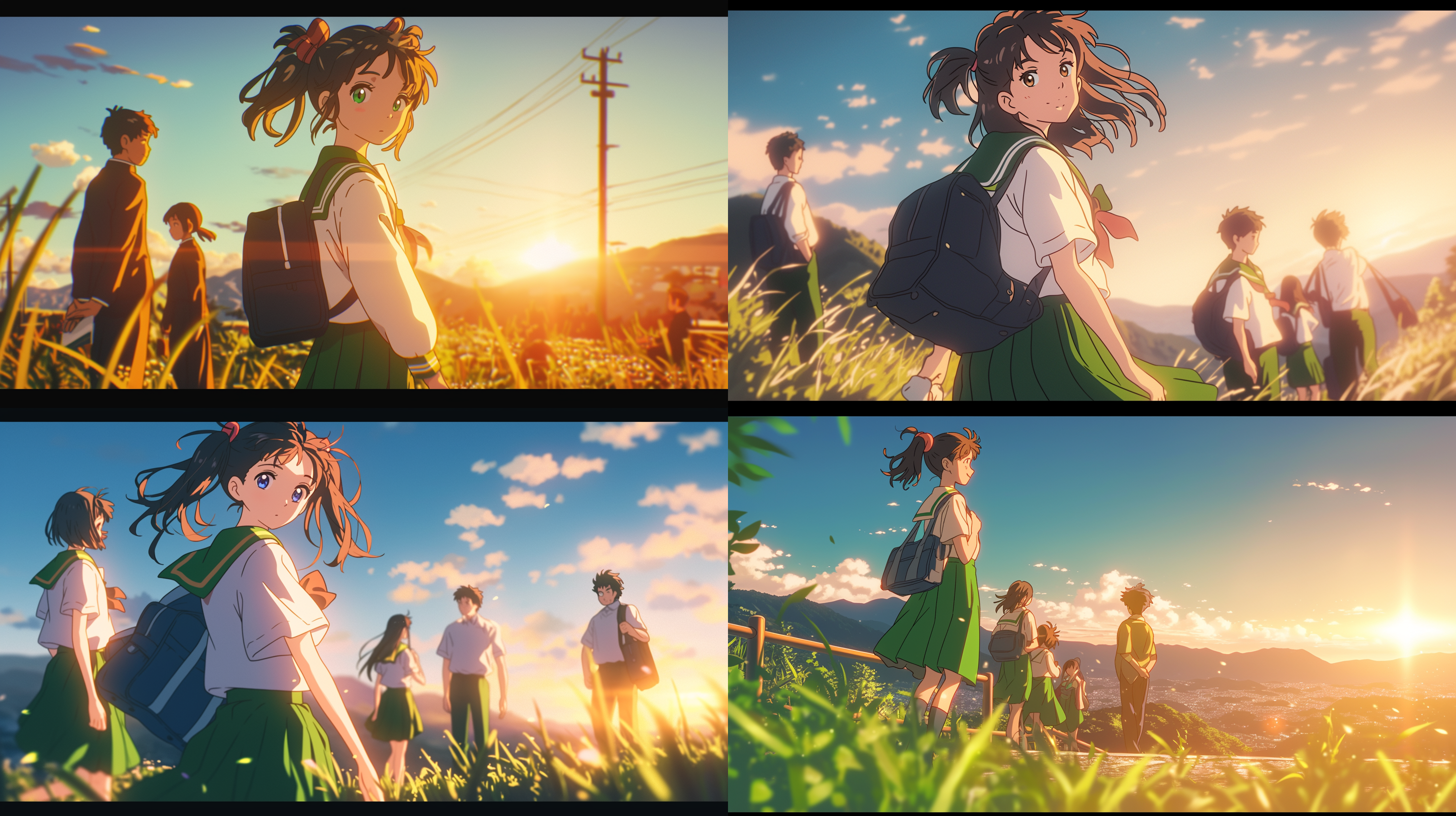 高中生，2个男生3个女生，山上日出，吉卜力风格，书包，远景，平视，全身，自然光，柔和色调，长焦镜头，背影，自然环境，长焦压缩，情感深沉，光晕效果。