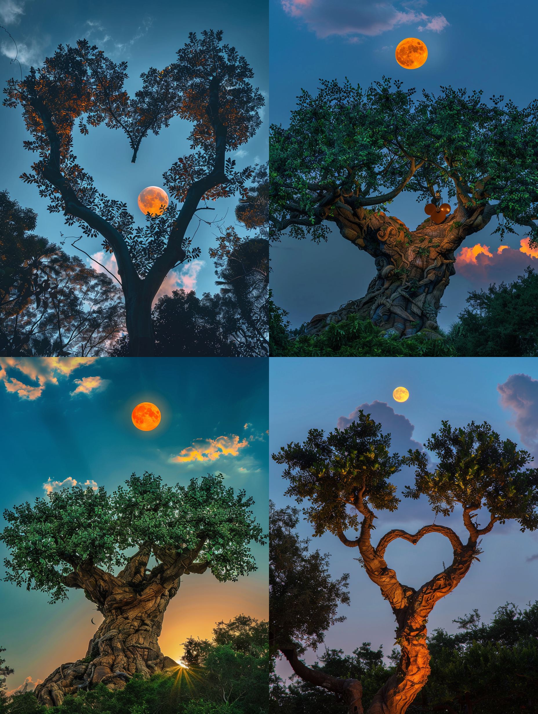 the tree in the shape of mickey's head has a full moon and sky blue background in the photography style of real shooting. the tree has two leaves on its branches forming an open heart-shaped pattern. in front of it stands another tall green leafy tree with high contrast between them. above their heads hangs clouds like shadows. at night, there was only one bright orange sun shining through thin clouds, illuminating the trees. high definition photography with a wide-angle lens shows clear details in natural light