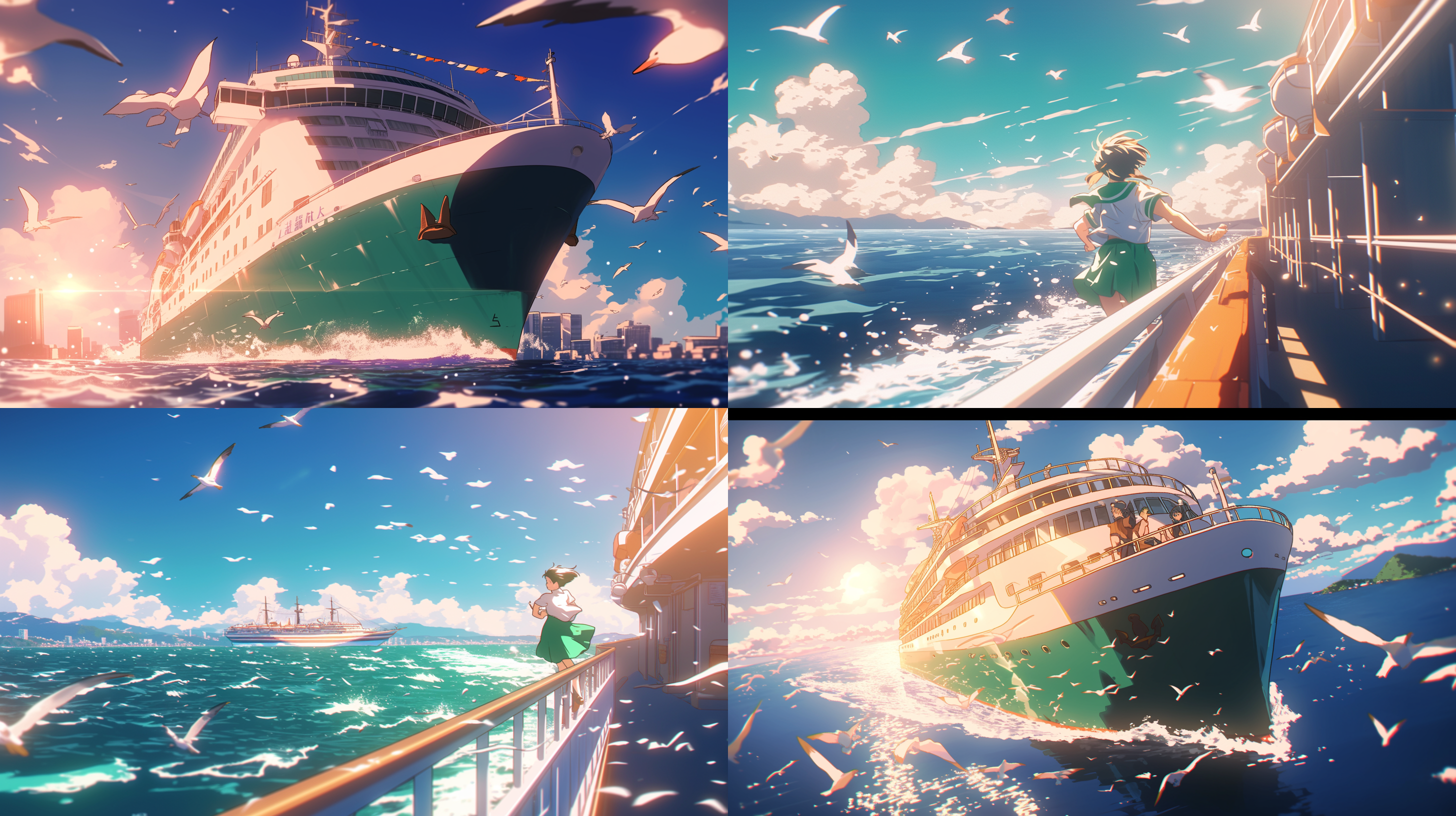 俯视角远景，游船航行大海，清澈海水，航行尾迹，海鸥飞翔，海豚伴随，光晕效果，期待氛围，吉卜力风格，自然光，柔和色调，背影描绘，自然环境，长焦镜头，动态捕捉。