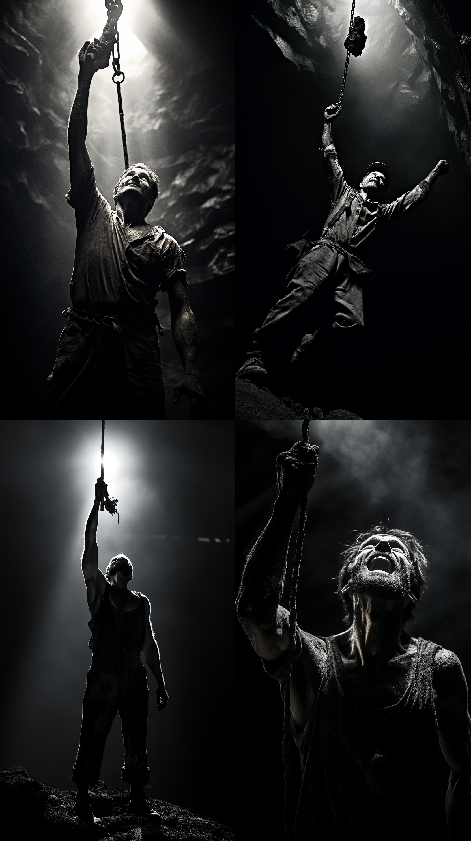 矿井内，空旷场景，男人侧脸脏污，黑色油污破烂背带工装，挥铁镐，侧面剪影，低角度，硬光，黑白摄影，高对比度，动态捕捉，劳动强度，坚韧表情。