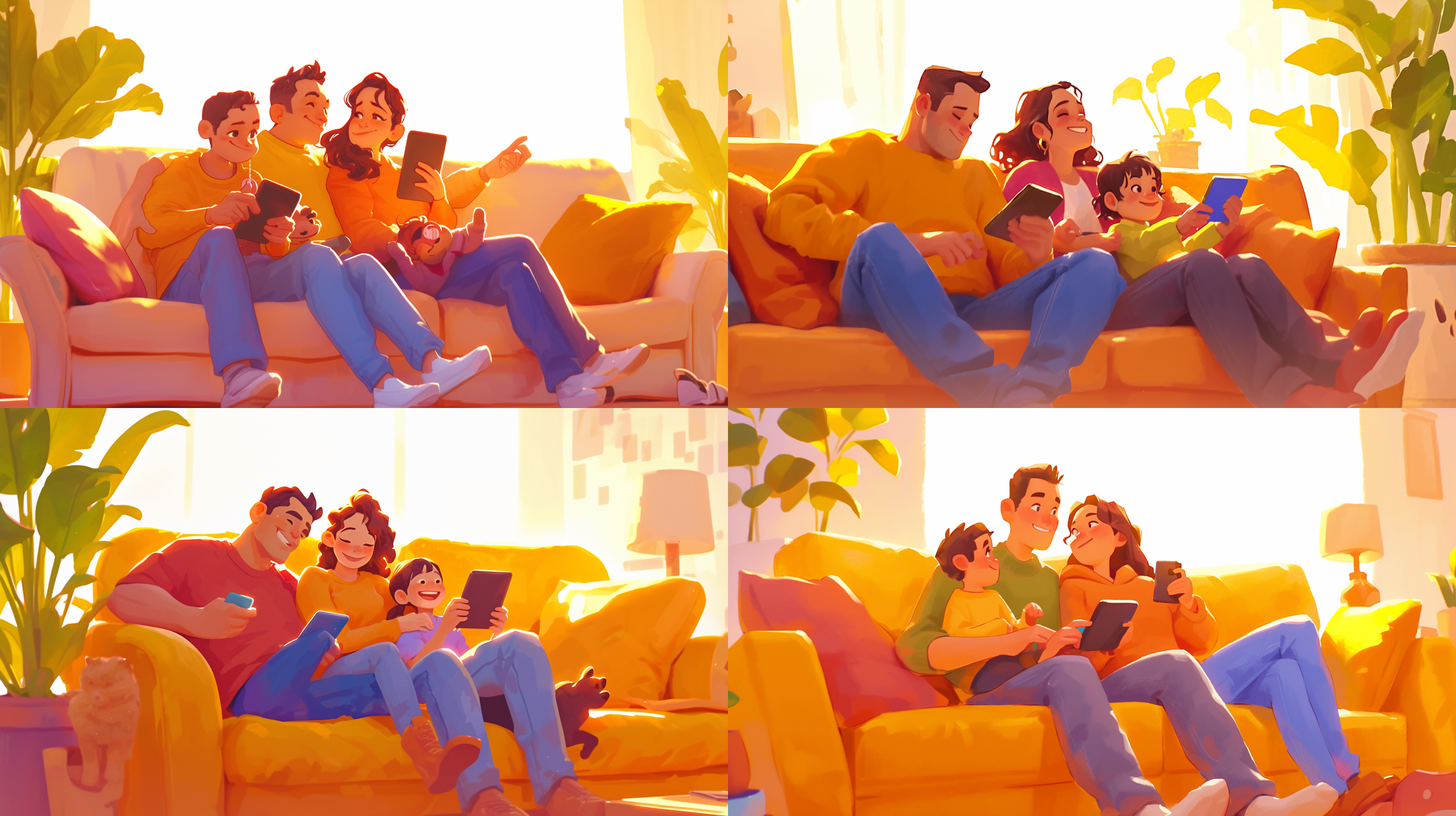 一家人4口坐在沙发上玩智能设备，和睦温馨，白色背景，q版，全身，动态姿势，8k画质，泡泡马特风格，简约制服，幽默干练，低角度，广角镜头，柔和侧光，鲜艳色彩，欢快，明暗对比，3d，oc渲染，表情丰富，简洁柔和光线，极简风格，细节清晰，温馨。