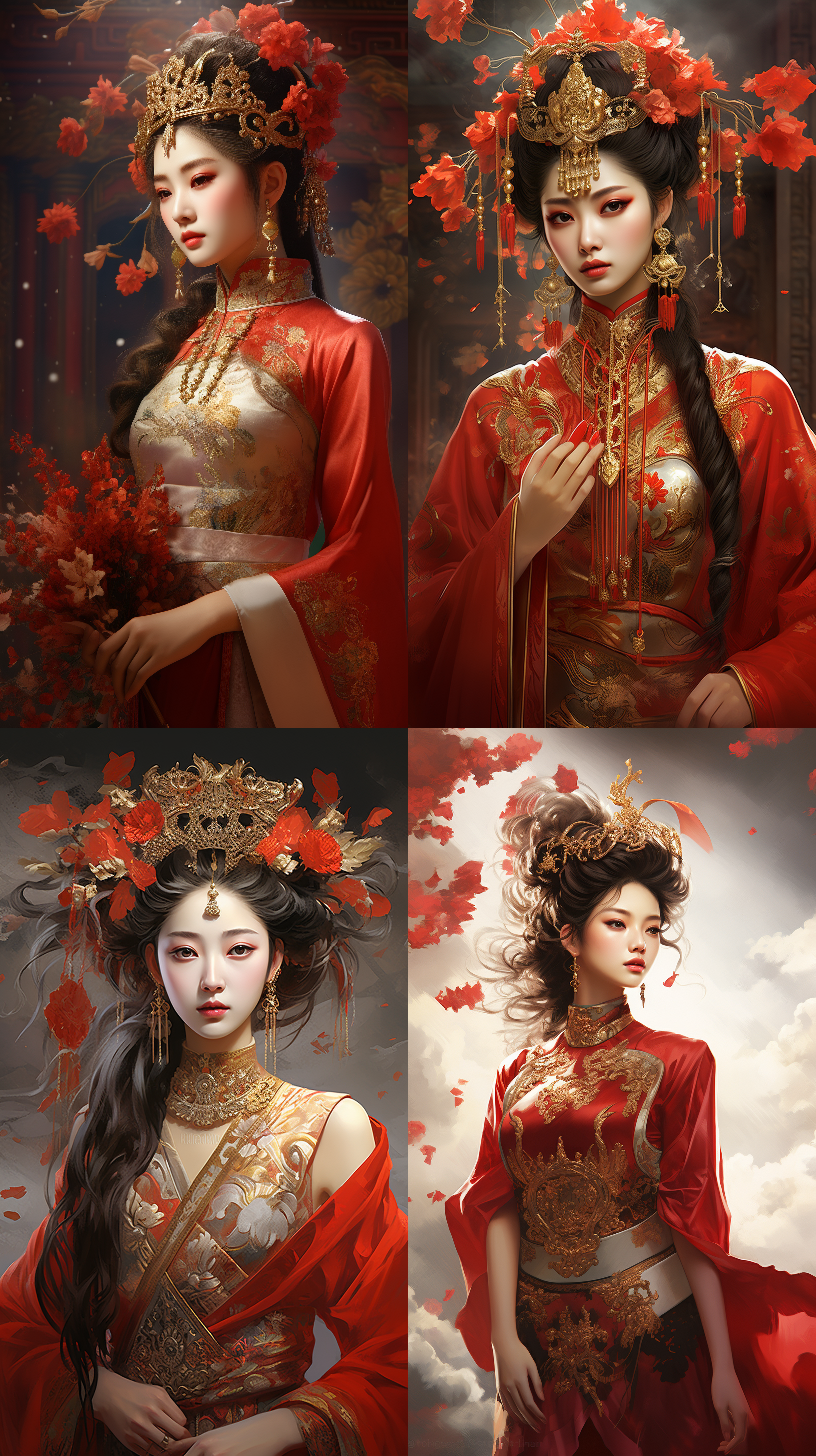 美丽正面全身像，红色唐装金饰品，头饰金色光环，云端白光雾环绕，细节丰富，写实渲染，最高细节，优雅大师，中国风格，人物设计，意境空灵，精美不朽，神圣气质，高雅意境，真实照片(艺术)。