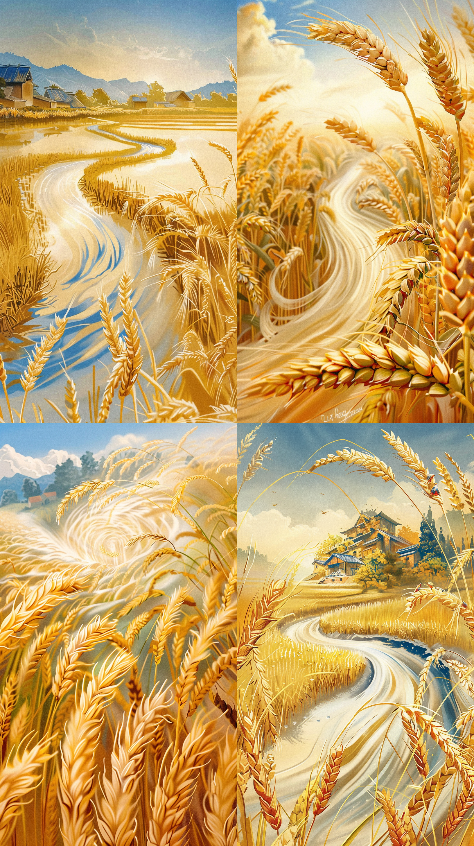 金色稻田，麦田中，官方艺术作品，能量旋流，ilya kushinov风格，金色窗户，连接感，田园诗般的丰饶之地，美学设计，流动的牛奶，超现实美学，金色丝带，日本村庄，旋涡状，9:16比例，高分辨率，细节丰富，自然光，动态捕捉，和谐氛围，鲜艳色彩，神秘感。