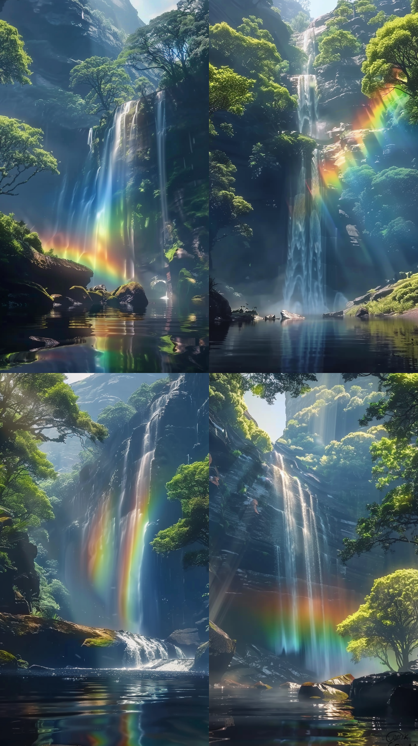 very beautiful matte painting, rainbow diffraction, with trees and waterfalls, mortal kombat 11, still from a nature documentary, by afewerk tekle, flow visualization, wow it is beautiful, anamorphic cinematography, fibonacci volumetric lighting, ad image