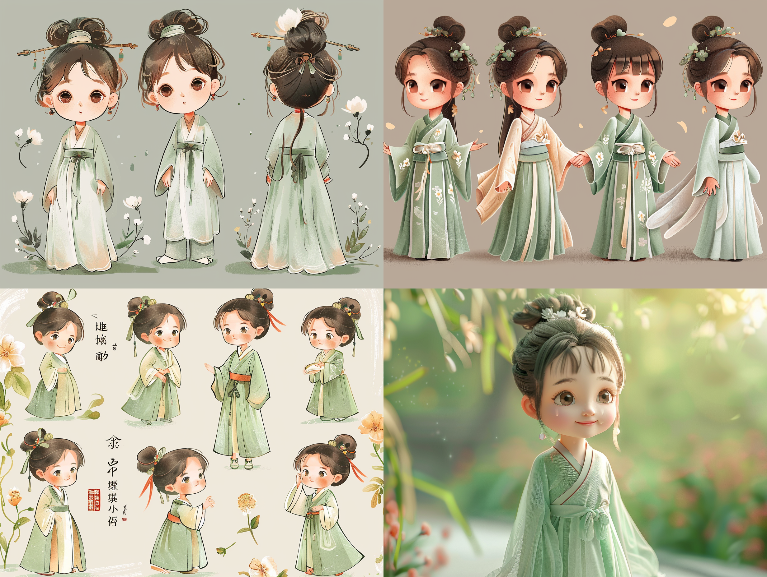 穿着浅绿色薄纱裙的小女孩是中国唐朝的夏装，她有一张笑脸，活泼 人物设计， 中国画， 可爱， 谦虚， 古典风格，表情包， 9个表情符号，快乐， 微笑， 悲伤， 严肃， 表情符号 表，各种姿势和表情，不同的情绪，各种姿势和表情，