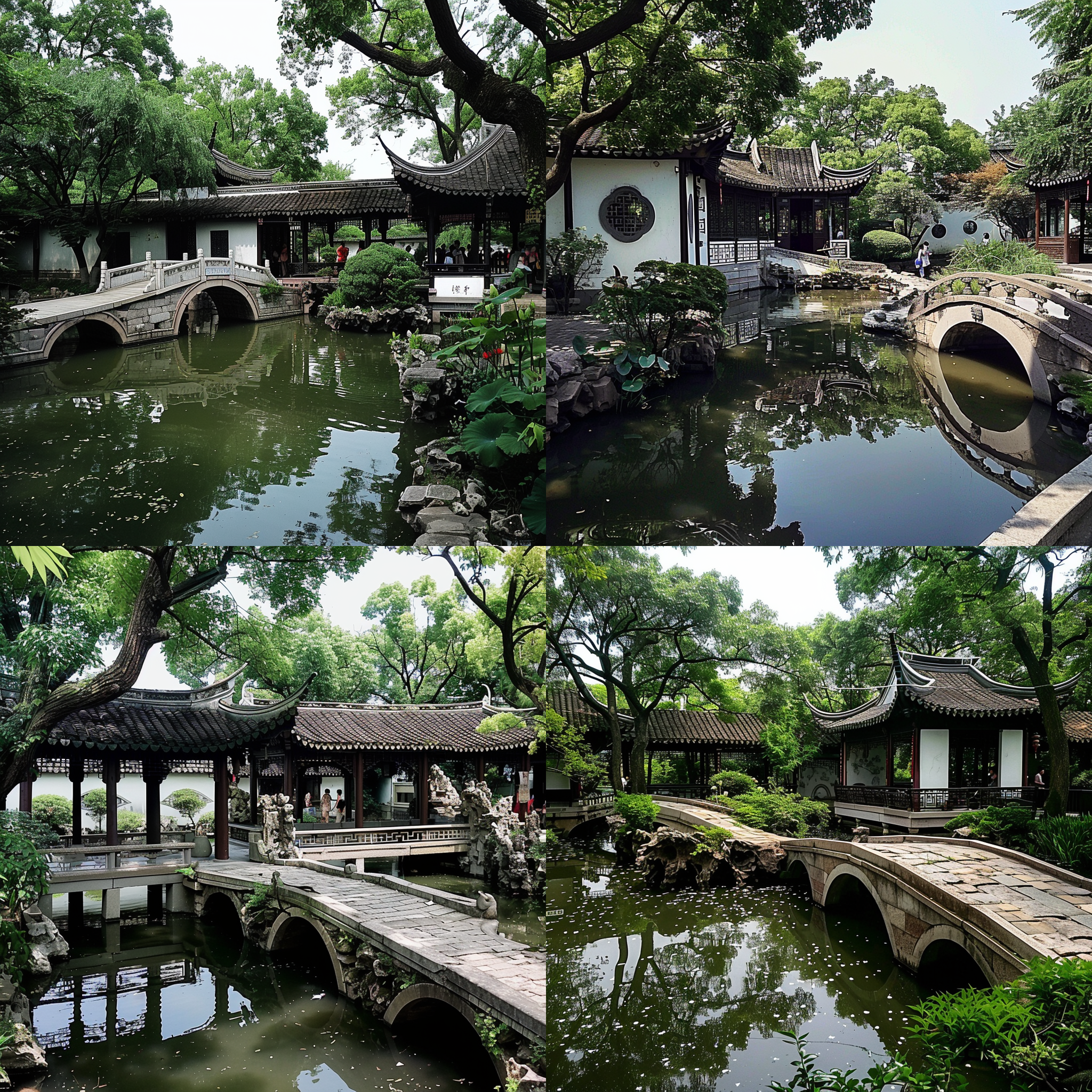 苏州园林夏日风光，小桥流水，长廊蜿蜒，古建筑典雅，池塘清澈，树木葱郁，花草繁盛，对称构图，柔和光线，长焦镜头，自然色彩，宁静和谐。 水彩 城市公园 花园背景 超广角 莫兰迪色 阳光照射 古代中式 调色板 园林 亭子 红楼梦 世外桃源