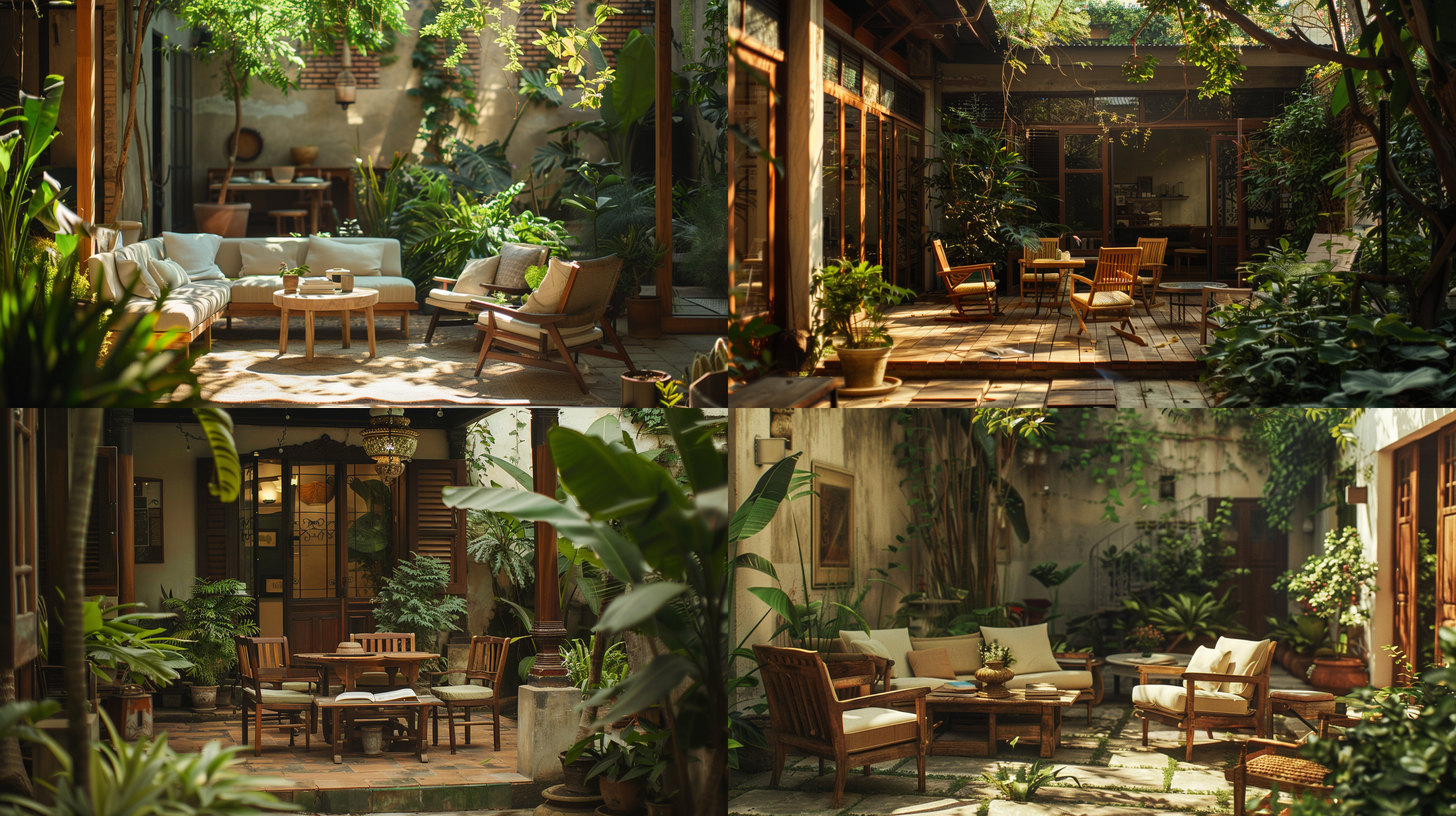 隐居小院，品质生活，宁静午后，木质家具，绿植环绕，柔和自然光，长焦镜头，浅景深，温暖色调，放松表情，阅读书籍，悠闲。