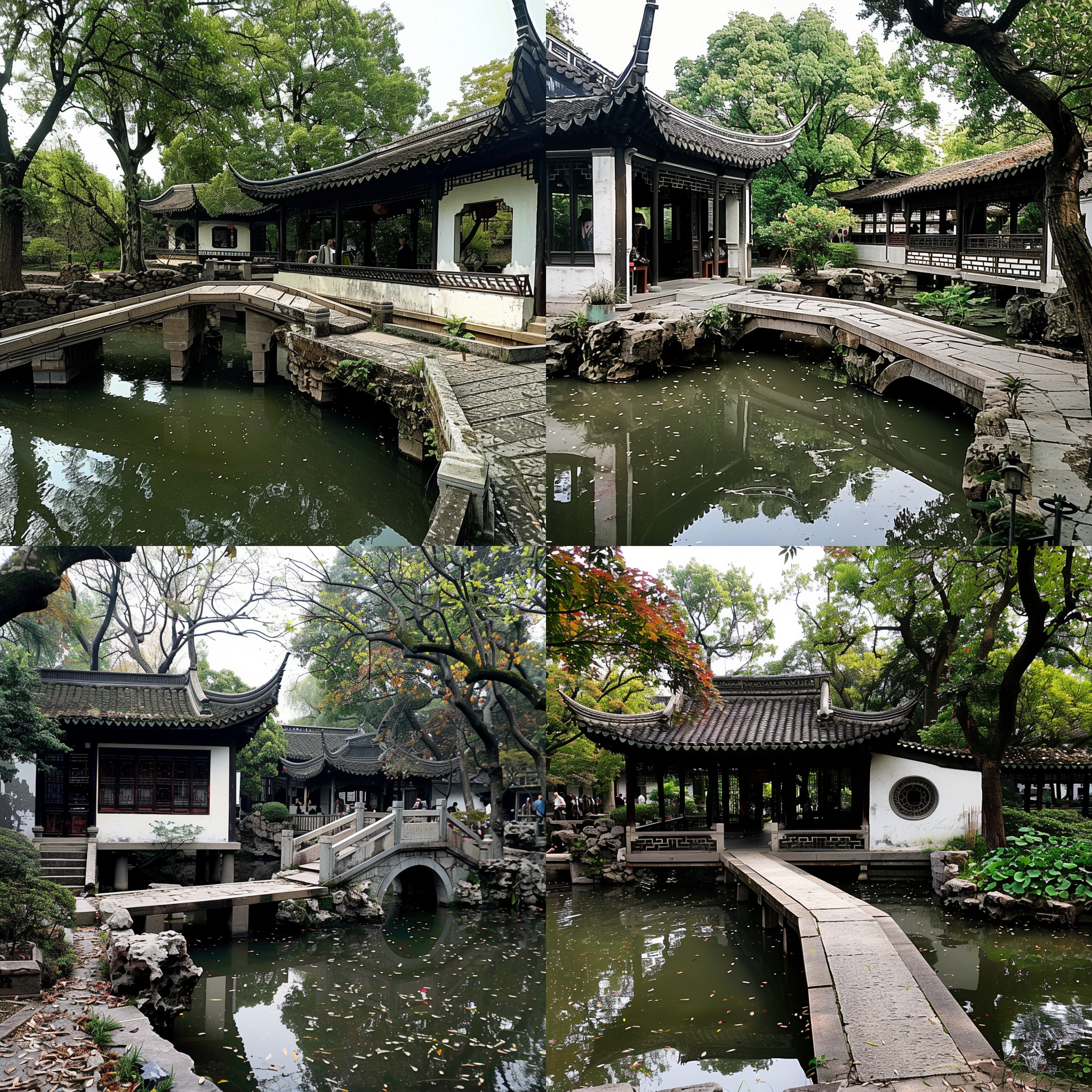 苏州园林秋日风光，小桥流水，长廊蜿蜒，古建筑典雅，池塘清澈，树木葱郁，花草繁盛，对称构图，柔和光线，长焦镜头，暖色调，自然色彩，宁静和谐。 水彩 城市公园 花园背景 超广角 莫兰迪色 阳光照射 古代中式 调色板 园林 亭子 红楼梦 世外桃源
