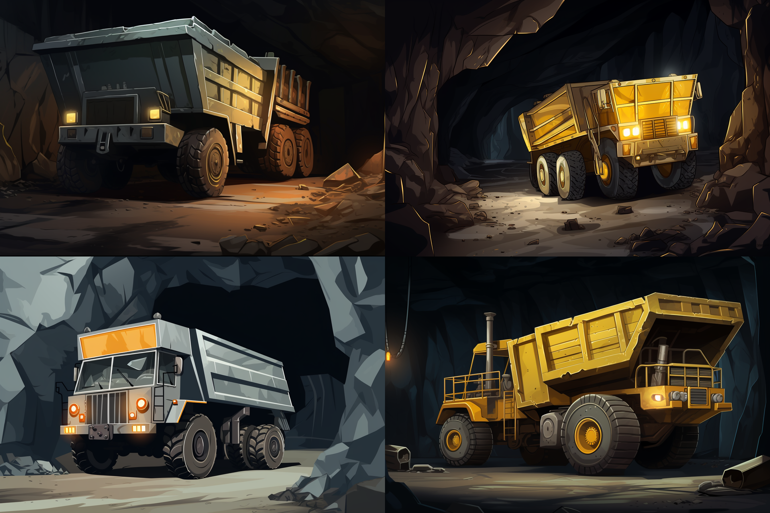 矿洞，拉矿汽车，光滑墙面，水泥地，灯光，远景镜头，写实漫画风格，手绘风格，平面