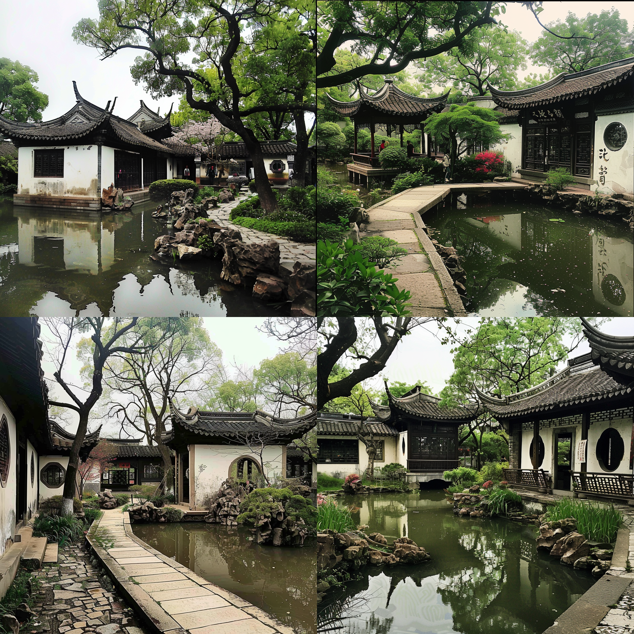 水彩画::10, 苏州园林春日风光，桃红柳绿，小径曲曲弯弯，亭台楼阁，长廊蜿蜒，池塘清澈，树木葱郁，花草繁盛，柔和光线，长焦镜头，暖色调，自然色彩，宁静和谐。 水彩 城市公园 花园背景 超广角 莫兰迪色 阳光照射 古代中式 调色板 园林 亭子 红楼梦 世外桃源