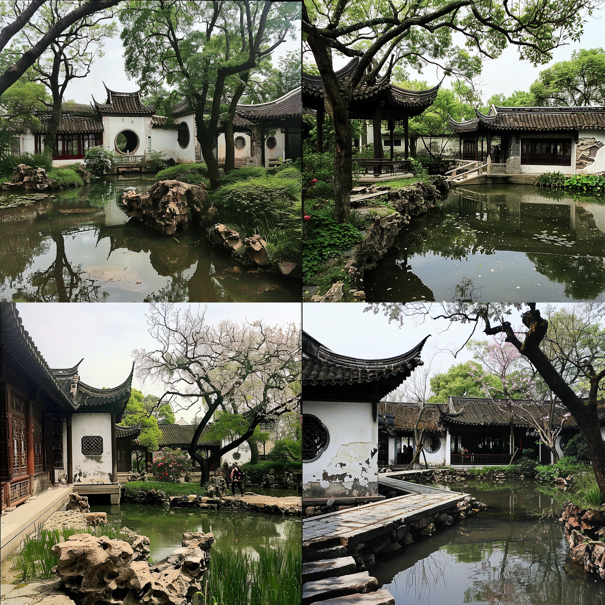 水彩画::10, 苏州园林春日风光，桃红柳绿，小径曲曲弯弯，亭台楼阁，长廊蜿蜒，池塘清澈，树木葱郁，花草繁盛，柔和光线，长焦镜头，暖色调，自然色彩，宁静和谐。 水彩 城市公园 花园背景 超广角 莫兰迪色 阳光照射 古代中式 调色板 园林 亭子 红楼梦 世外桃源