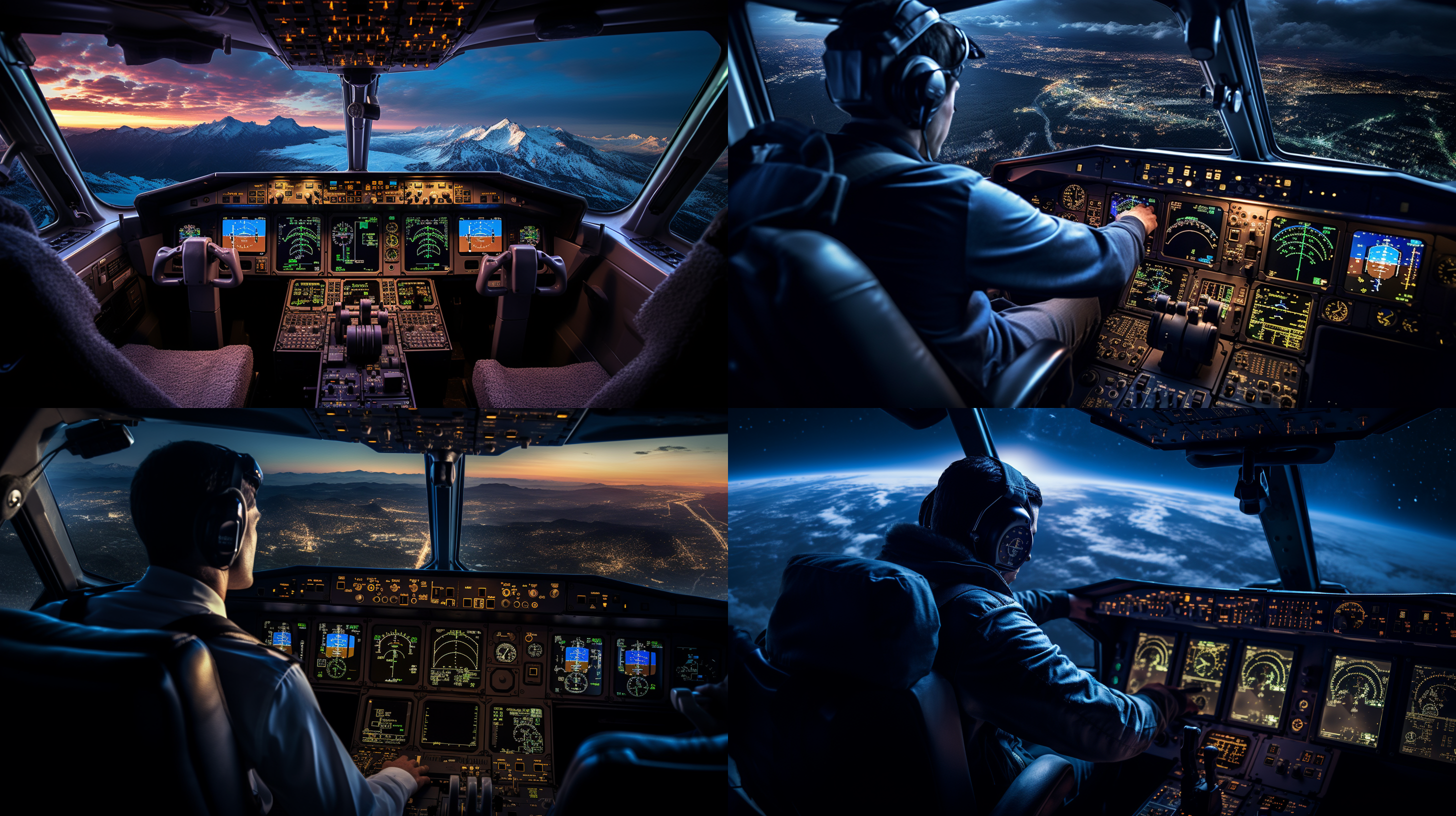 飞行驾驶员在机舱内，专注驾驶波音飞机，机舱外3万英尺高空，广角镜头，深蓝色调，侧光，高清晰度，仪表盘细节，专注表情，动态模糊，科技感。