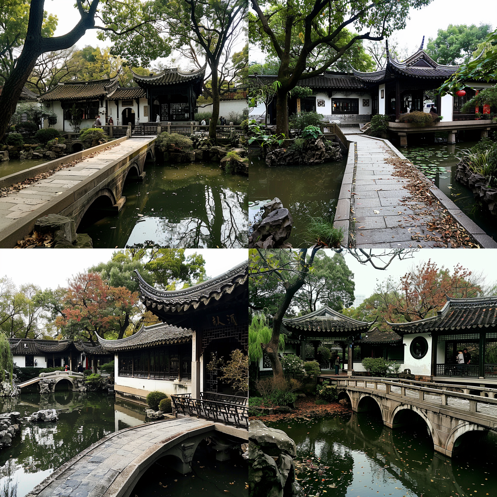 苏州园林秋日风光，小桥流水，长廊蜿蜒，古建筑典雅，池塘清澈，树木葱郁，花草繁盛，对称构图，柔和光线，长焦镜头，暖色调，自然色彩，宁静和谐。 水彩 城市公园 花园背景 超广角 莫兰迪色 阳光照射 古代中式 调色板 园林 亭子 红楼梦 世外桃源