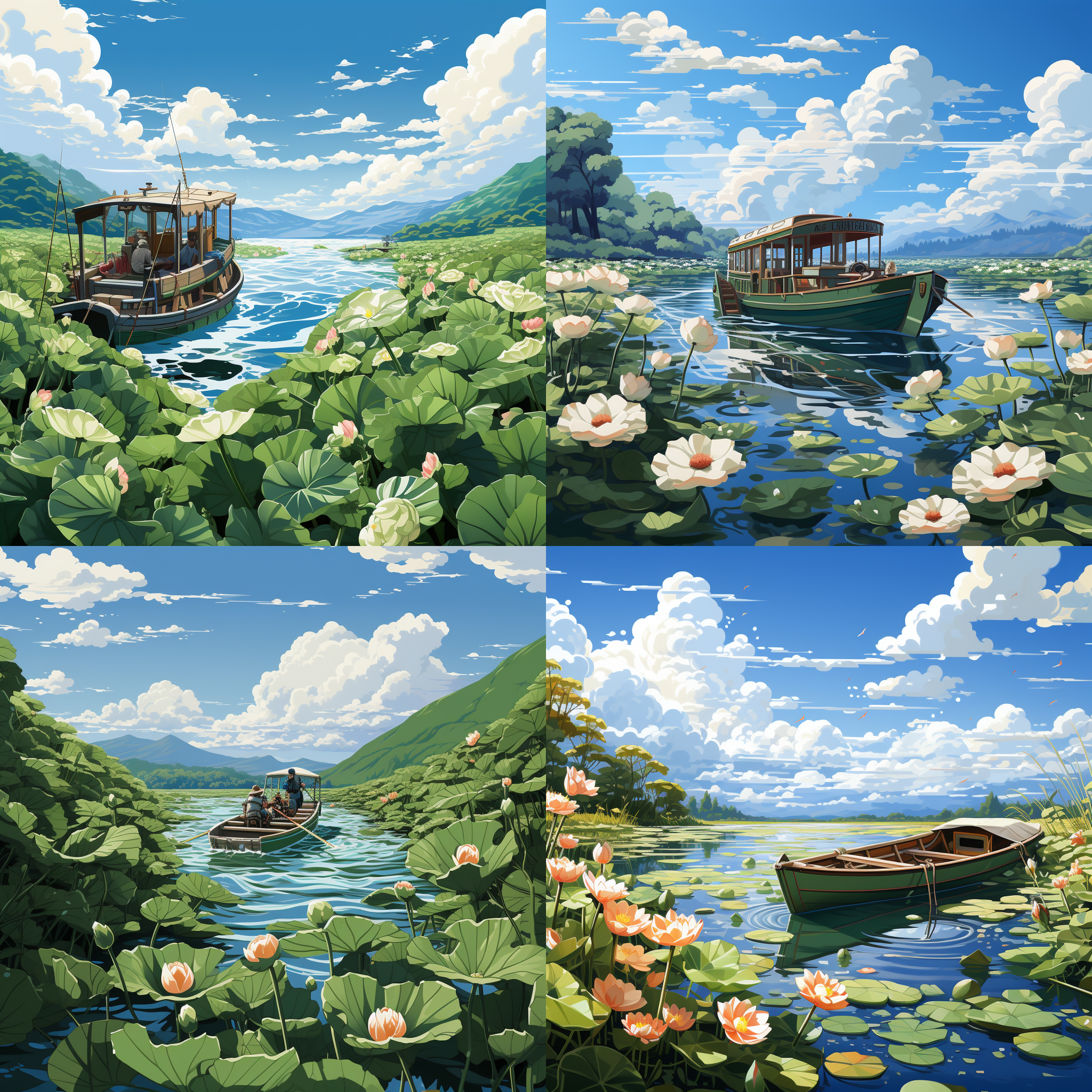 远景正面小船全身被荷花荷叶包围，蓝色天空白云，平面插图风格，布鲁姆盒型，青色色调，完美环境光，8k超高质量，最佳质量