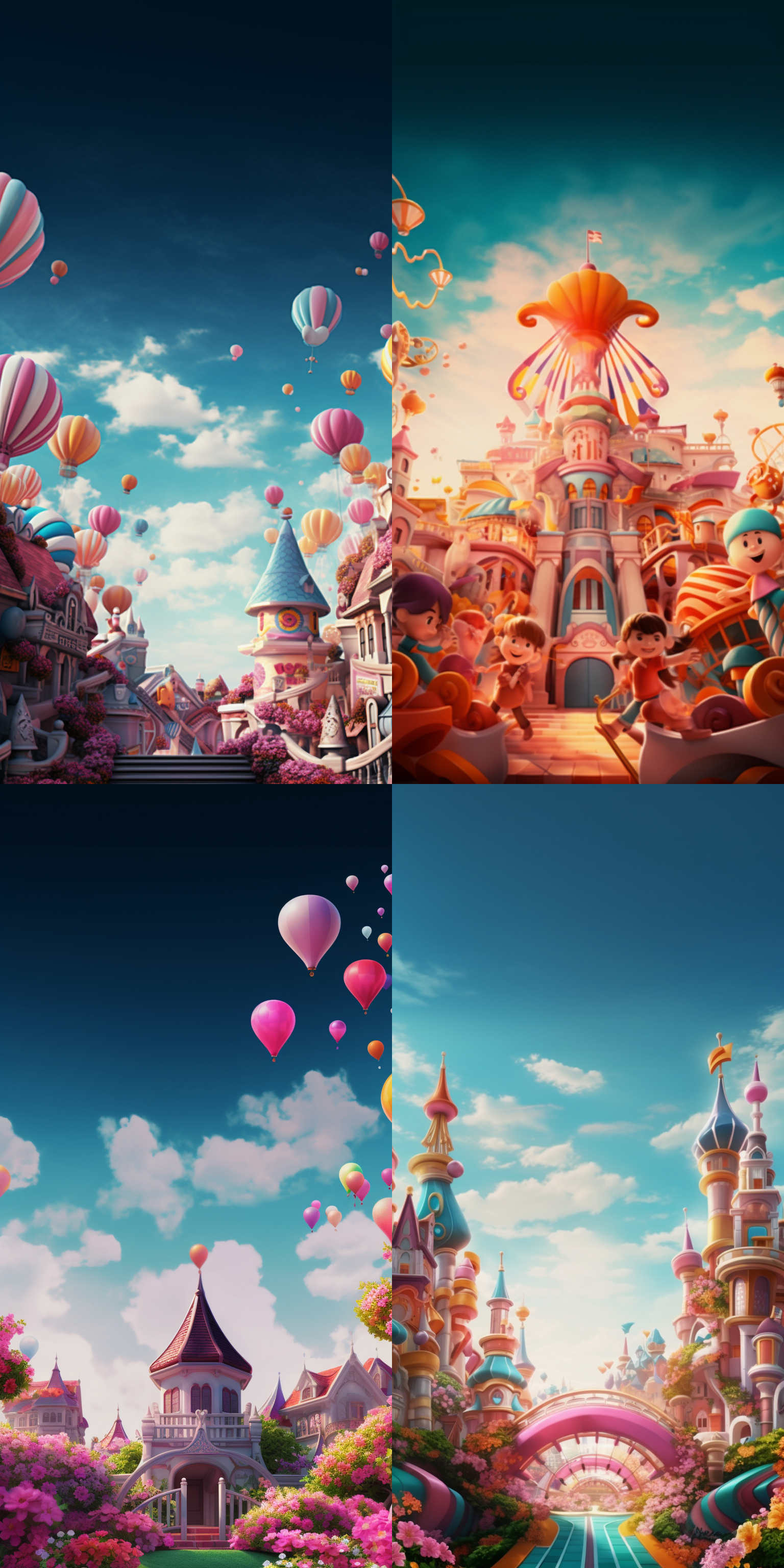 3d渲染梦幻童趣场景，六一儿童节主题，色彩丰富，儿童乐园，卡通风格，柔和光线，全景镜头，微笑儿童，多彩气球，旋转木马，欢乐氛围。