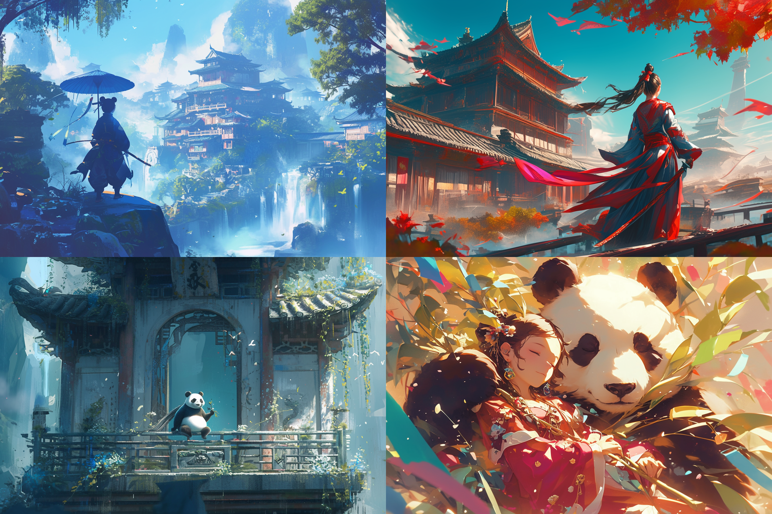 中国风熊猫，动态动作，国潮服饰，古代建筑背景，高饱和色彩，逼真细节，动态光影，强烈对比，长焦镜头，自然光，高清细节丰富，活泼表情。