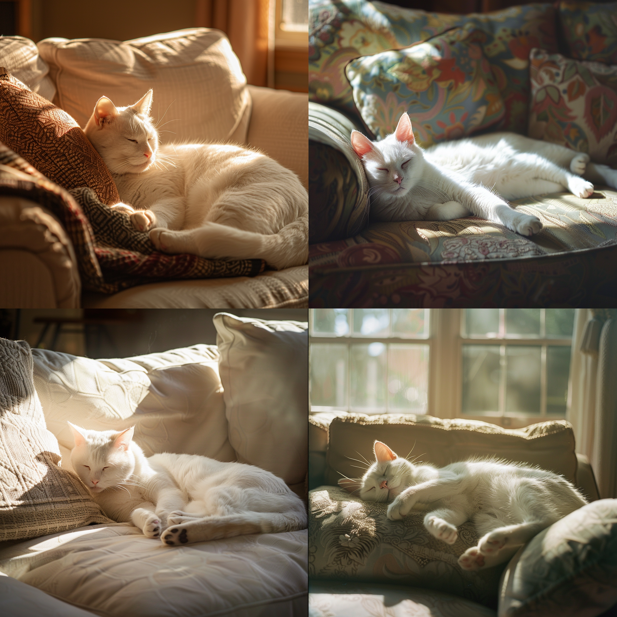 白猫躺在沙发上，沐浴在阳光下，温馨室内，自然光，柔和色调，中焦镜头，静态构图，亲密，宁静