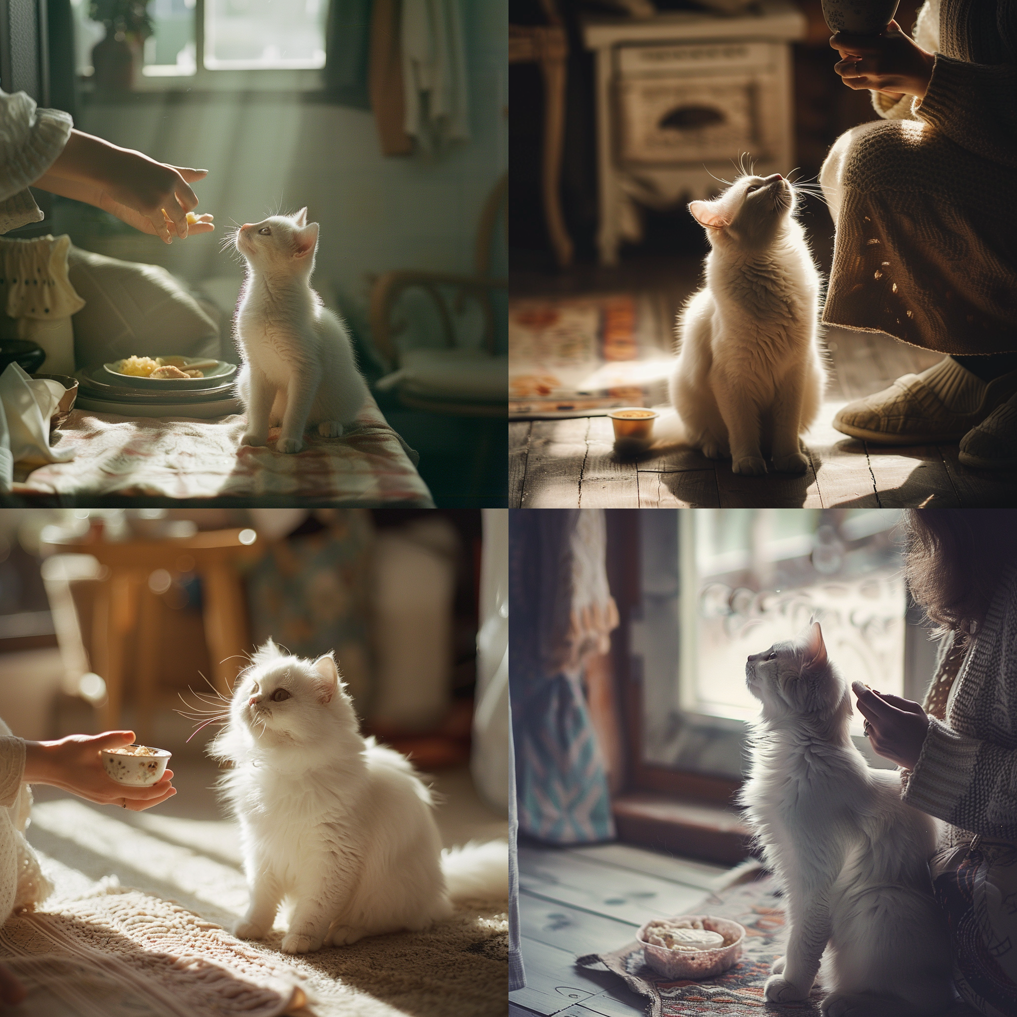 白猫坐在地上，抬头凝视着妈妈手中的美食，等待开饭，温馨室内，自然光，柔和色调，中焦镜头，静态构图，亲密，宁静